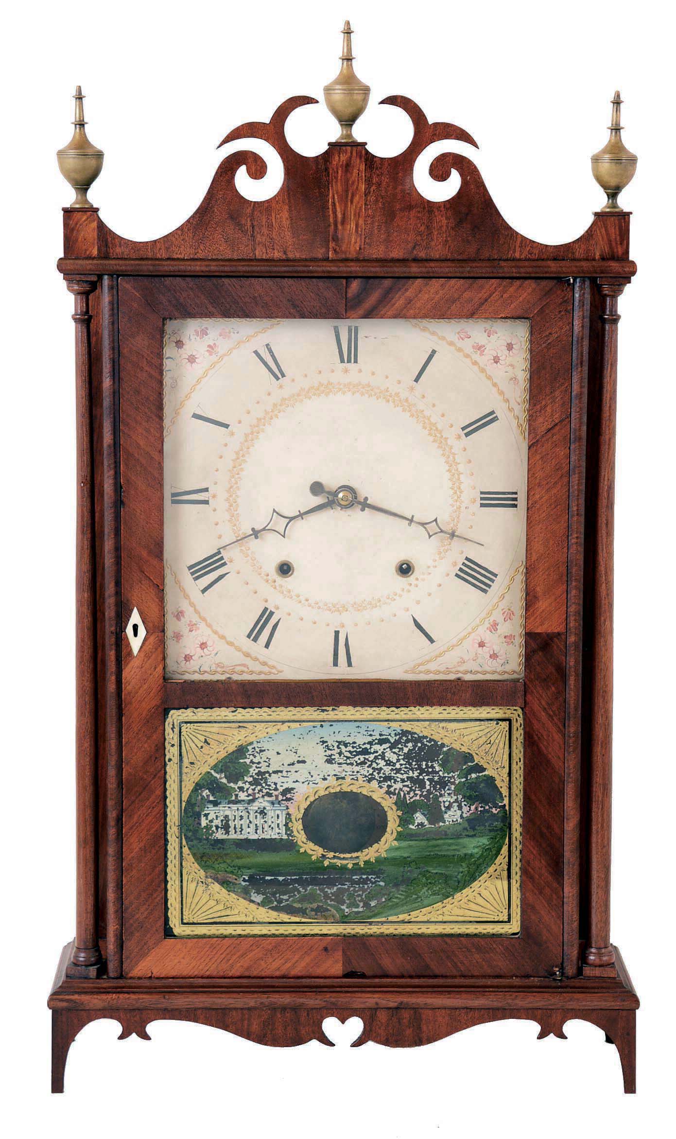 Eli & Samuel Terry, Plymouth Hollow, Conn., 30 hour, time and strike weight driven wood movement pillar & scroll shelf clock. — Antique Clocks Price Guide