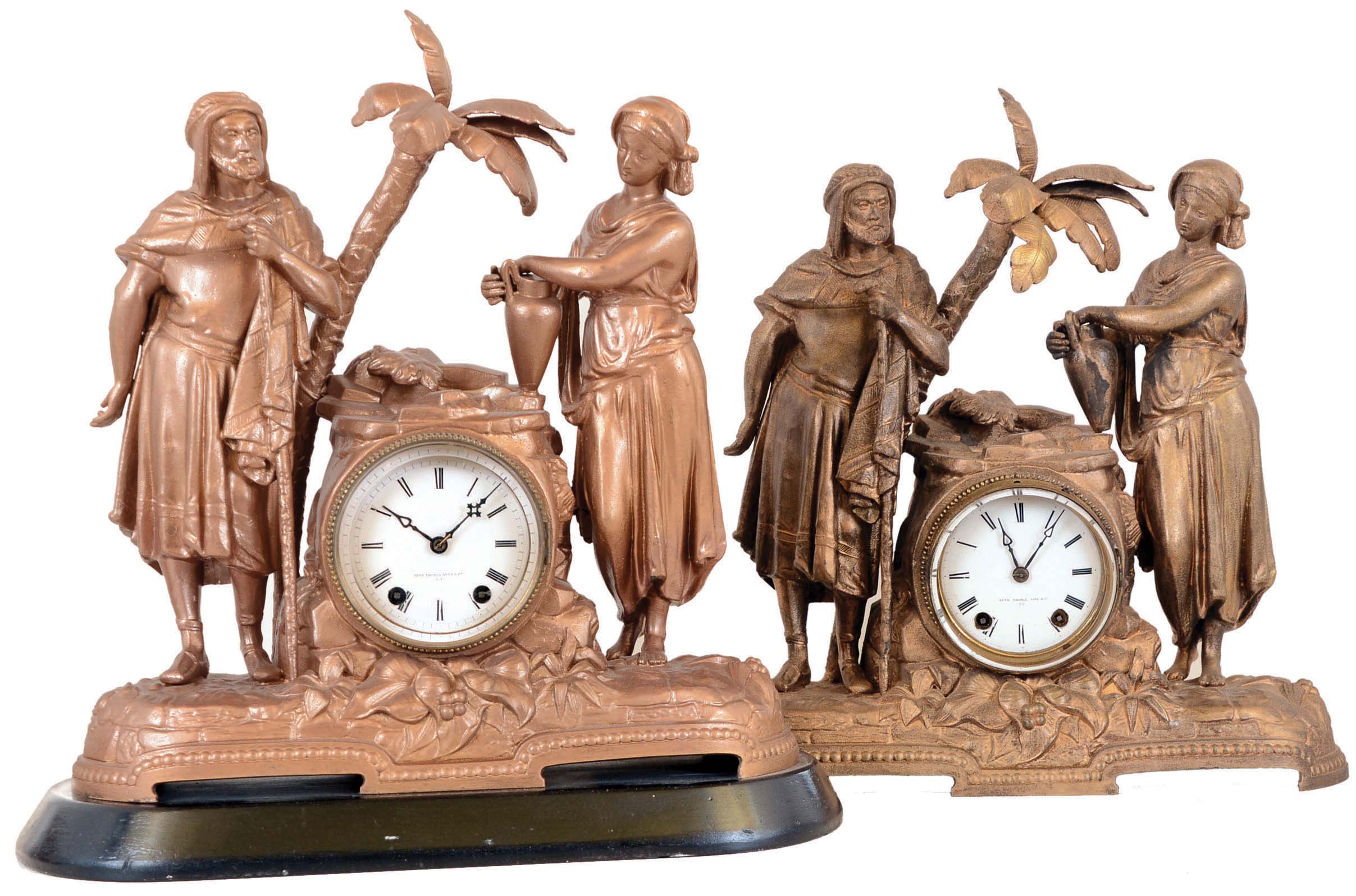 Clocks- 2 (Two): Seth Thomas' Sons & Co., New York, "Rebecca at the Well" 15 day, time and strike, figural mantel clocks, one on painted stone base/ — Antique Clocks Price Guide