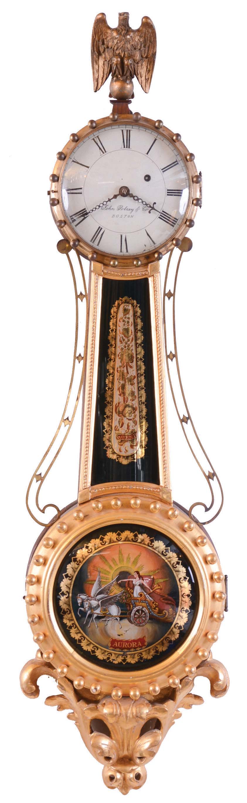 "Girandole" wall timepiece with dial signed John Polsey & Co., Boston, Mass., 8 day, weight driven brass movement. — Antique Clocks Price Guide