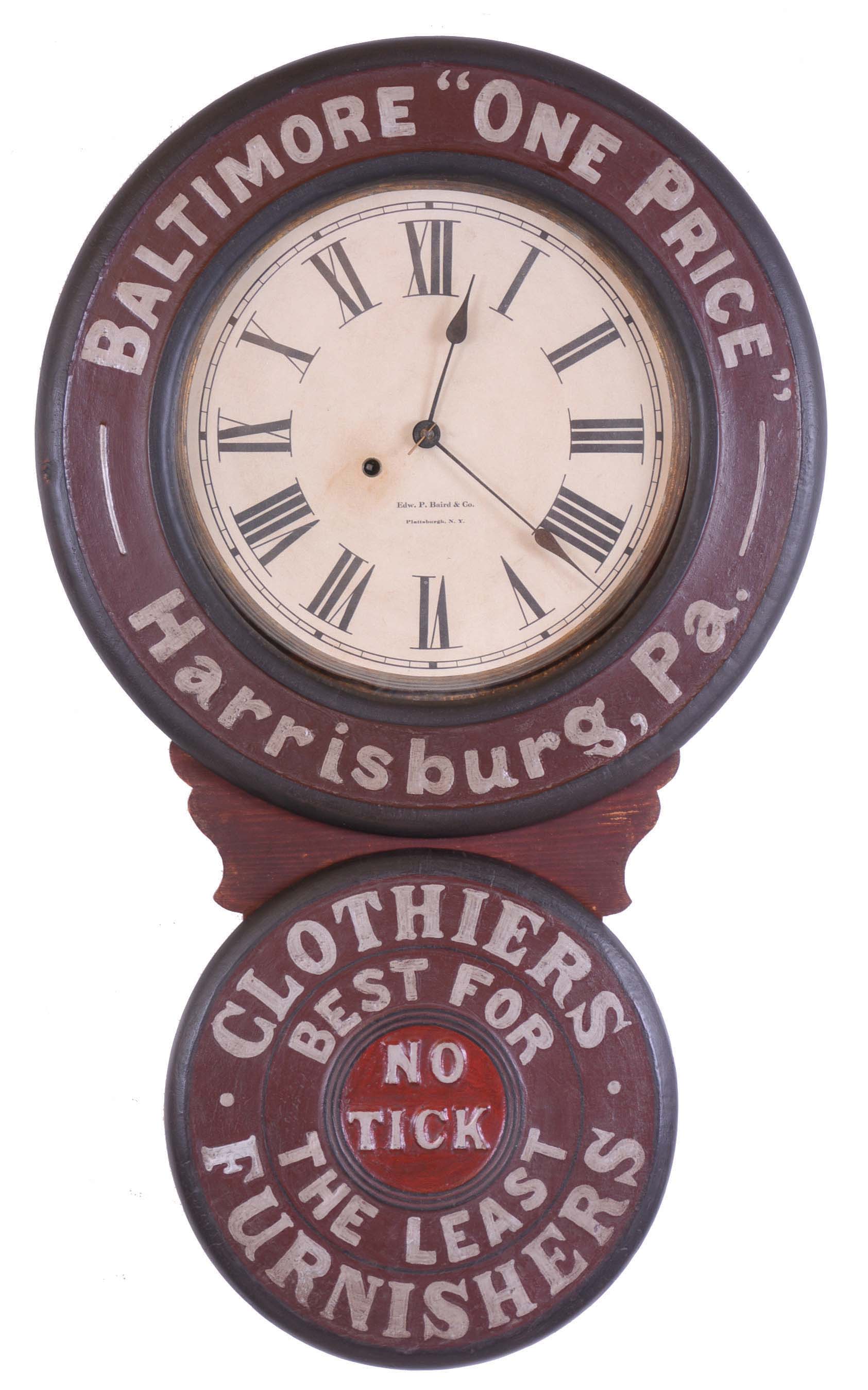 Edward P. Baird, Plattsburgh, New York, "Baltimore One Price", 8 days, spring brass movement advertising wall timepiece. — Antique Clocks Price Guide
