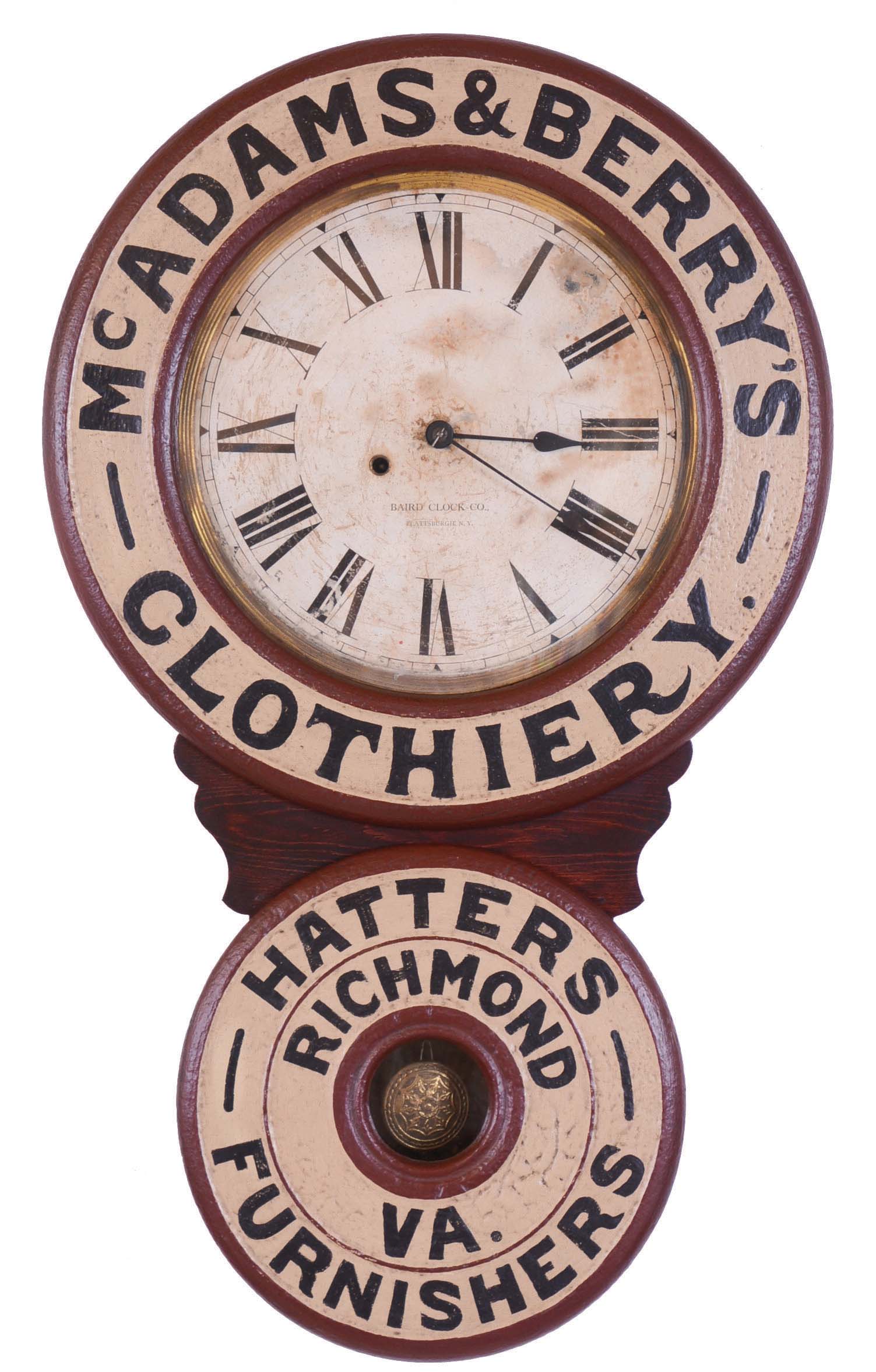 Baird Clock Co., Plattsburgh, New York, "McAdams & Berry's Clothiery", 8 day, spring brass movement advertising wall timepiece. — Antique Clocks Price Guide