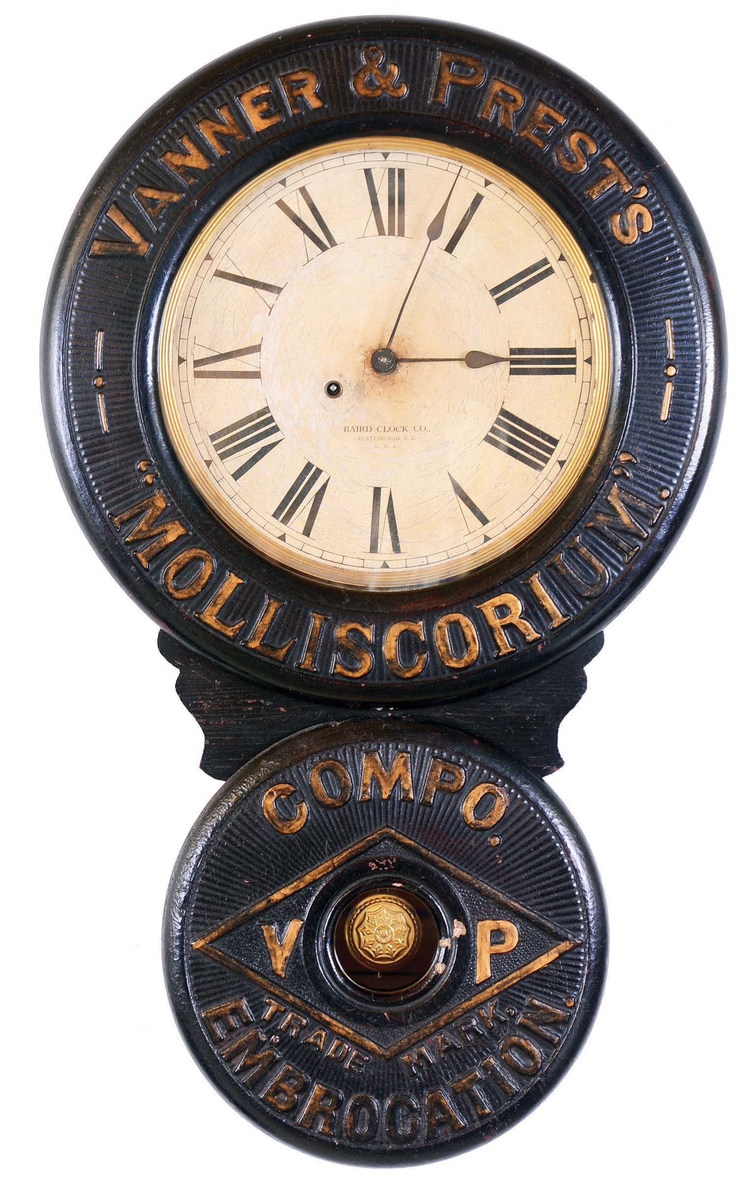 Baird Clock Co., Plattsburgh, New York, "Vanner & Prest's Molliscorium", 8 day, spring brass movement advertising wall timepiece. — Antique Clocks Price Guide