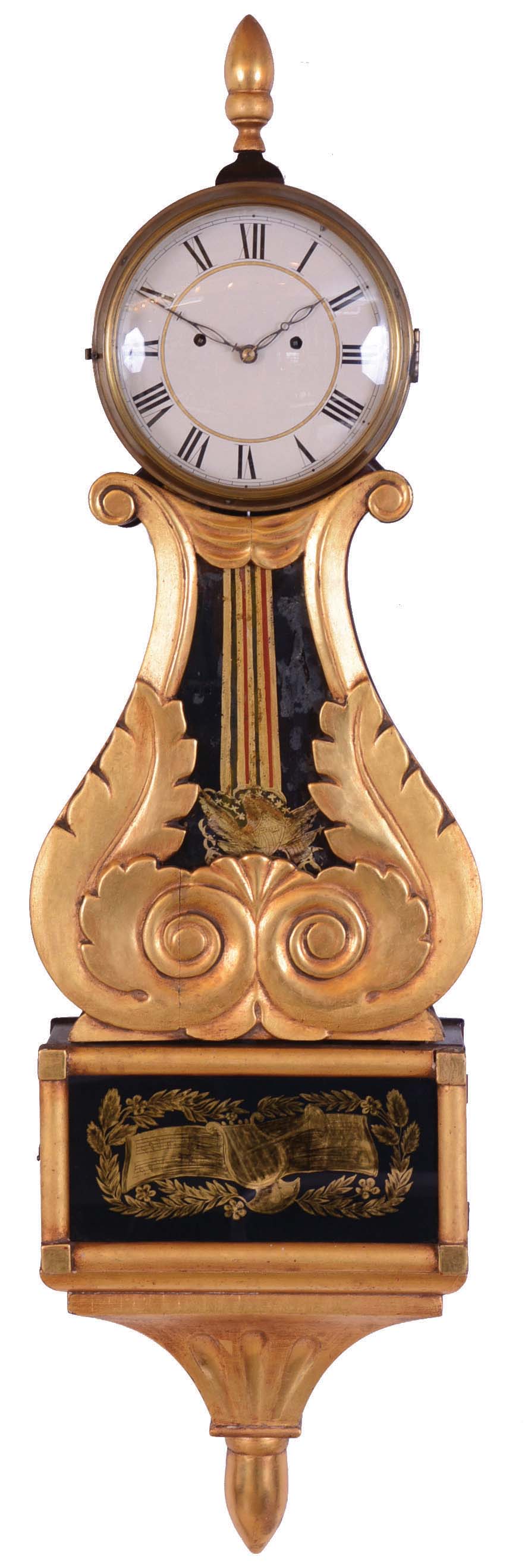 Unidentified New Hampshire or Massachusetts Lyre Banjo hanging clock with a weight driven 8 days time and strike movement in a mahogany and gilt case. — Antique Clocks Price Guide