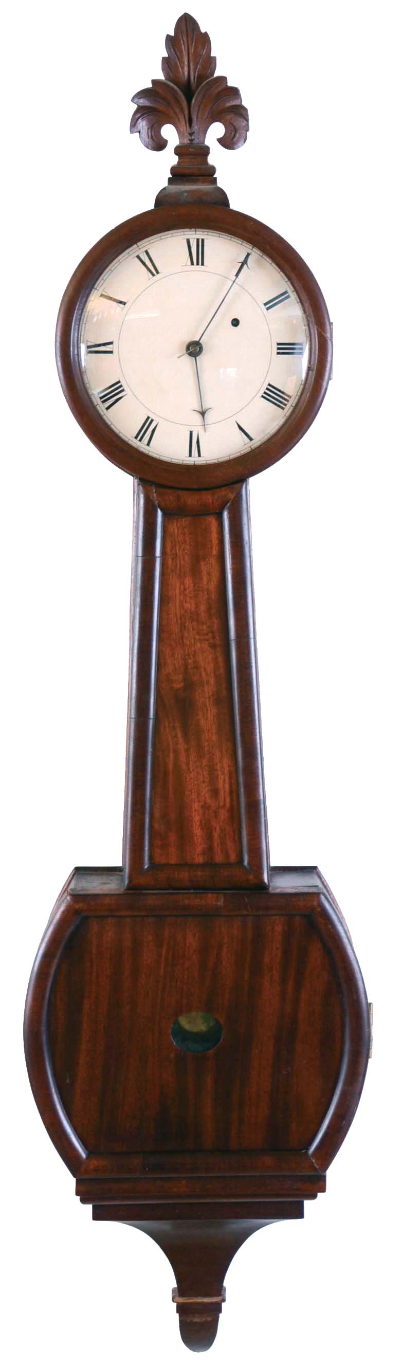 Massachusetts, possibly Newburyport or north shore area, 8 day, weight brass movement Patent or banjo wall timepiece with mahogany wood panels in the door frames. — Antique Clocks Price Guide