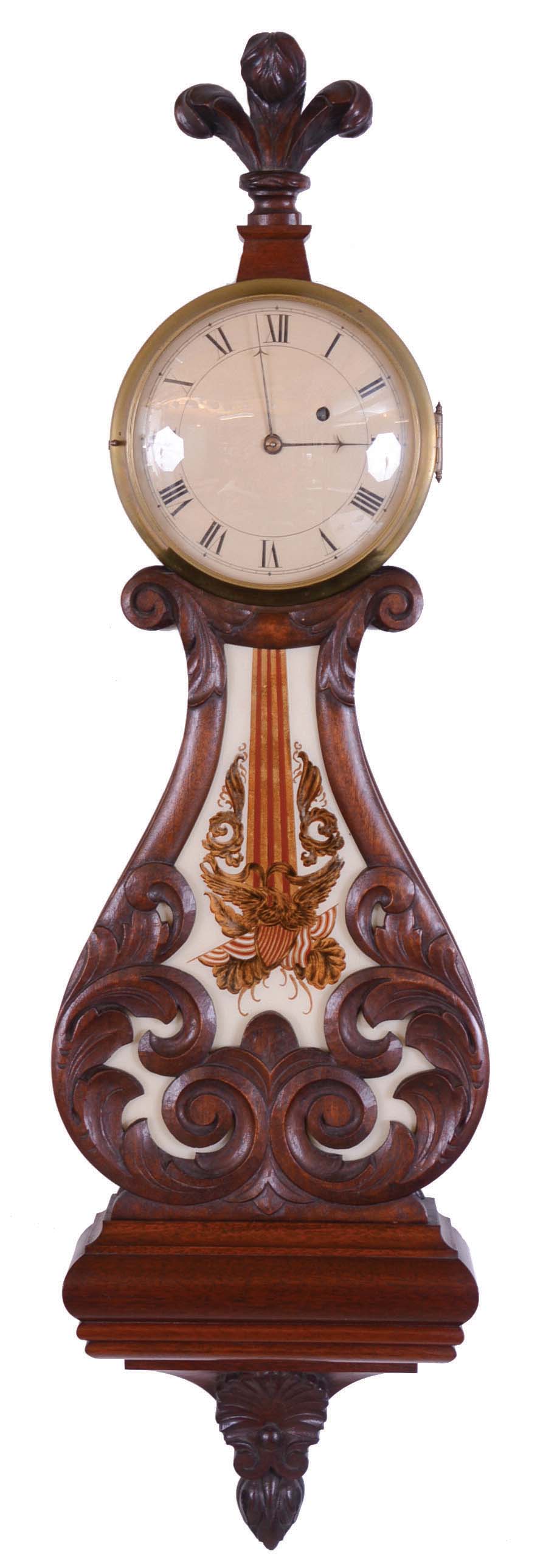 Massachusetts, 8 day, weight brass movement Lyre banjo timepiece. This timepiece is numbered "10". There is another example in this auction numbered "15" that was made by James G. Conlon of Boston. The dial is not signed so we cannot with confidence attribute to him, but it is a probability. — Antique Clocks Price Guide