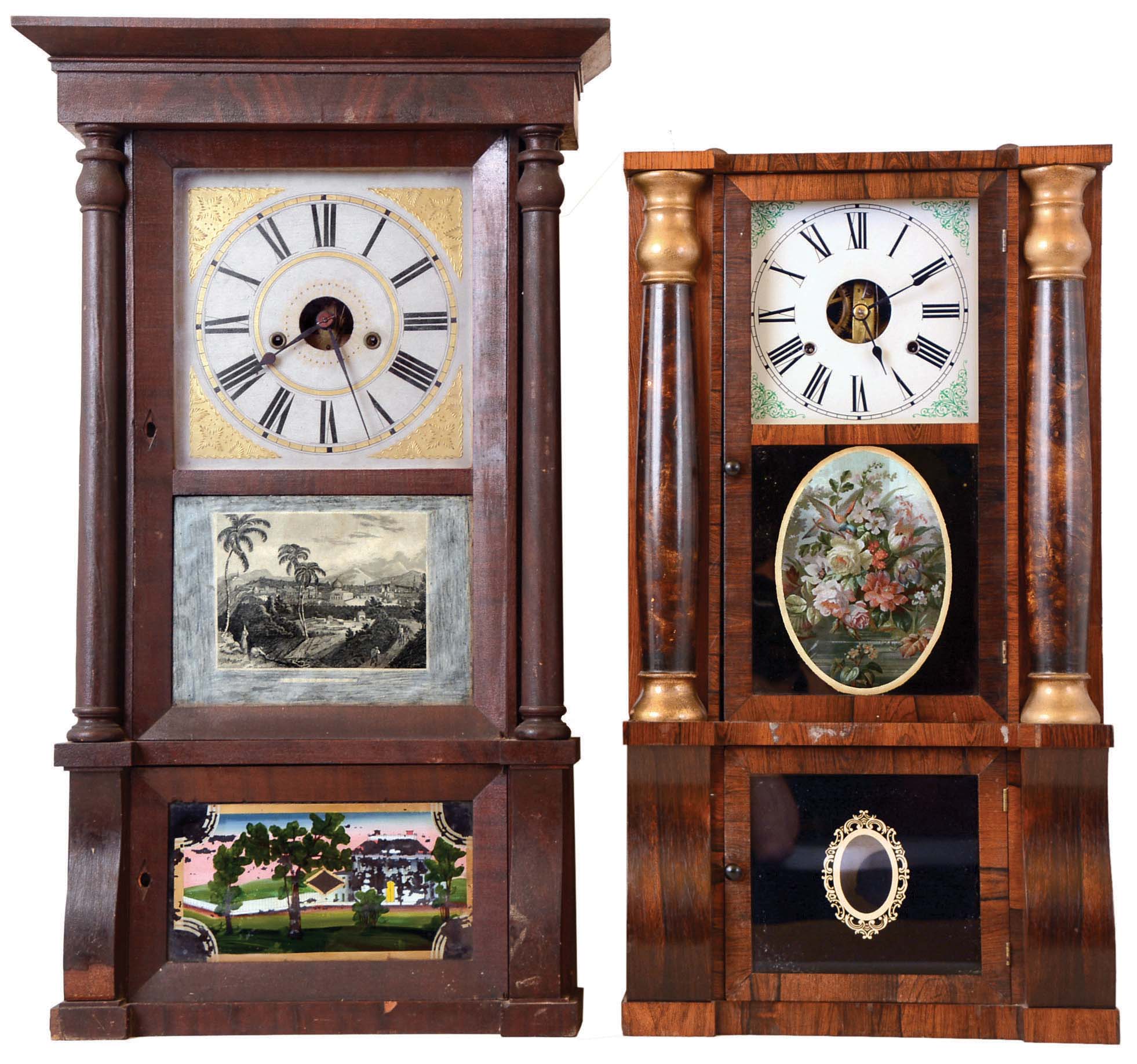 Clocks- 2 (Two): (1) Seth Thomas, Thomaston, Conn., 8 day, time and strike weight brass movement "Shell Column" & cornice shelf clock. c1870 (2) Forestville Manufacturing Co., Bristol, Conn., 8 days, time and strike weight brass movement column & Cornice shelf clock. c 1837 — Antique Clocks Price Guide