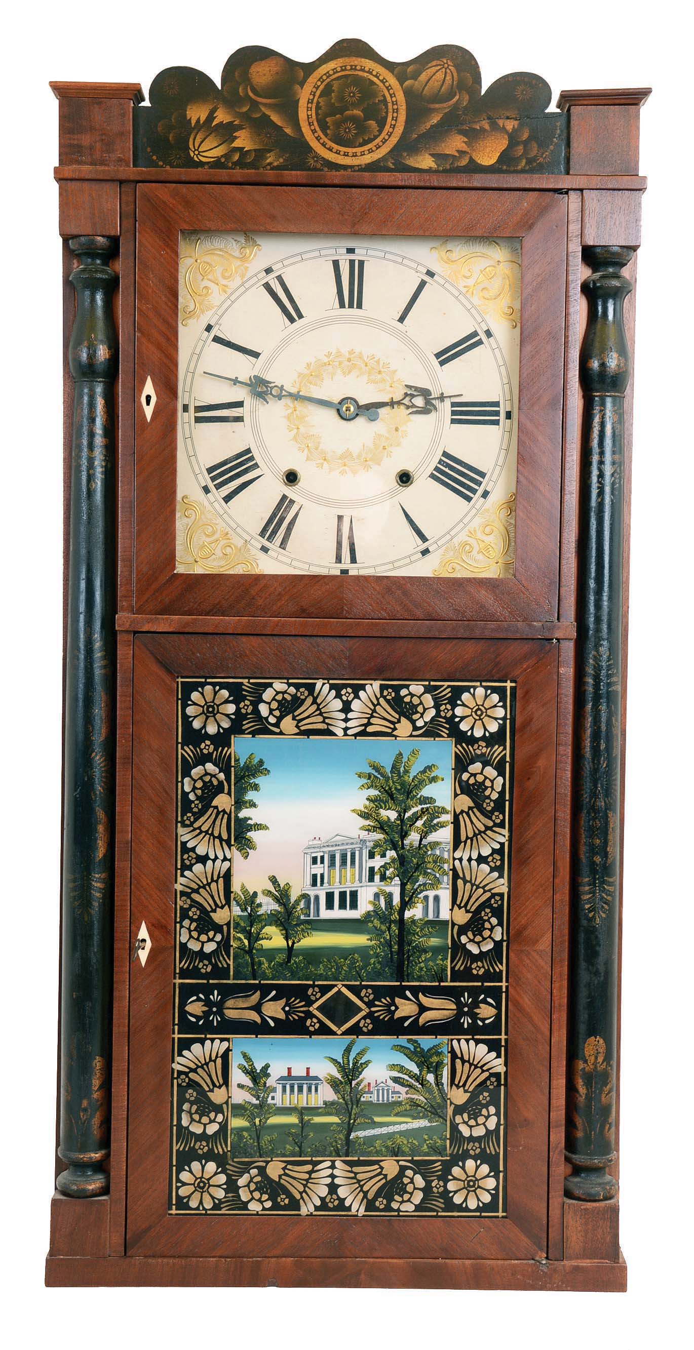 George Marsh & Co., Farmington, Conn., 8 das, time and strike weight wood movement half column & splat shelf clock. — Antique Clocks Price Guide