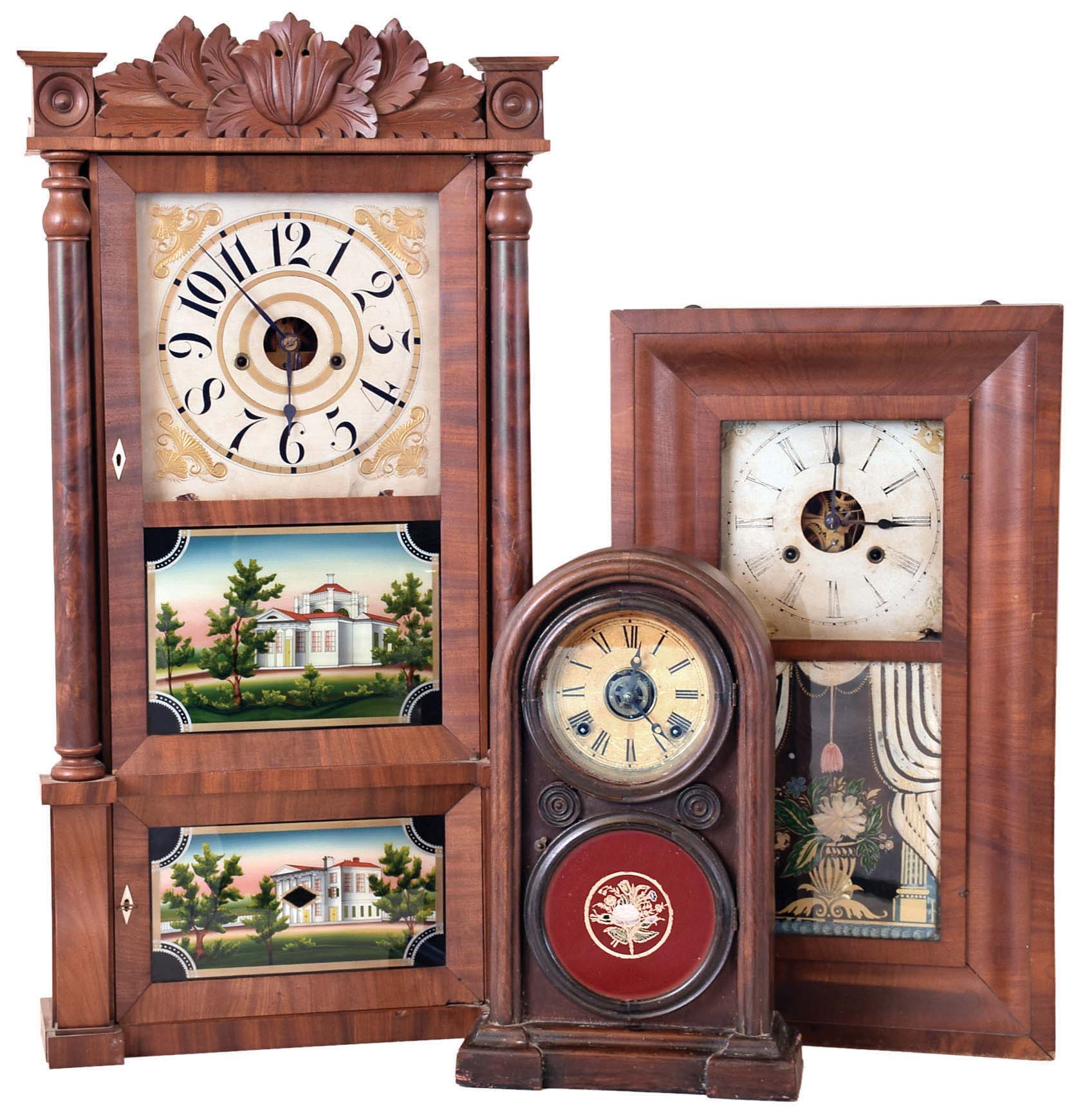 Clocks- 3 (Three) American Shelf: (1) E. Ingraham & Co,, Bristol, Conn., 8 day "Venetian" with alarm, c1890. (2) Unknown, 30 hour OG with nice William B. Fenn tablet, 1850. (3) Forestville Mfg. Co., Bristol, Conn., 8 day weight-driven double door Empire shelf clock, mahogany case with carved splat. c1935 — Antique Clocks Price Guide