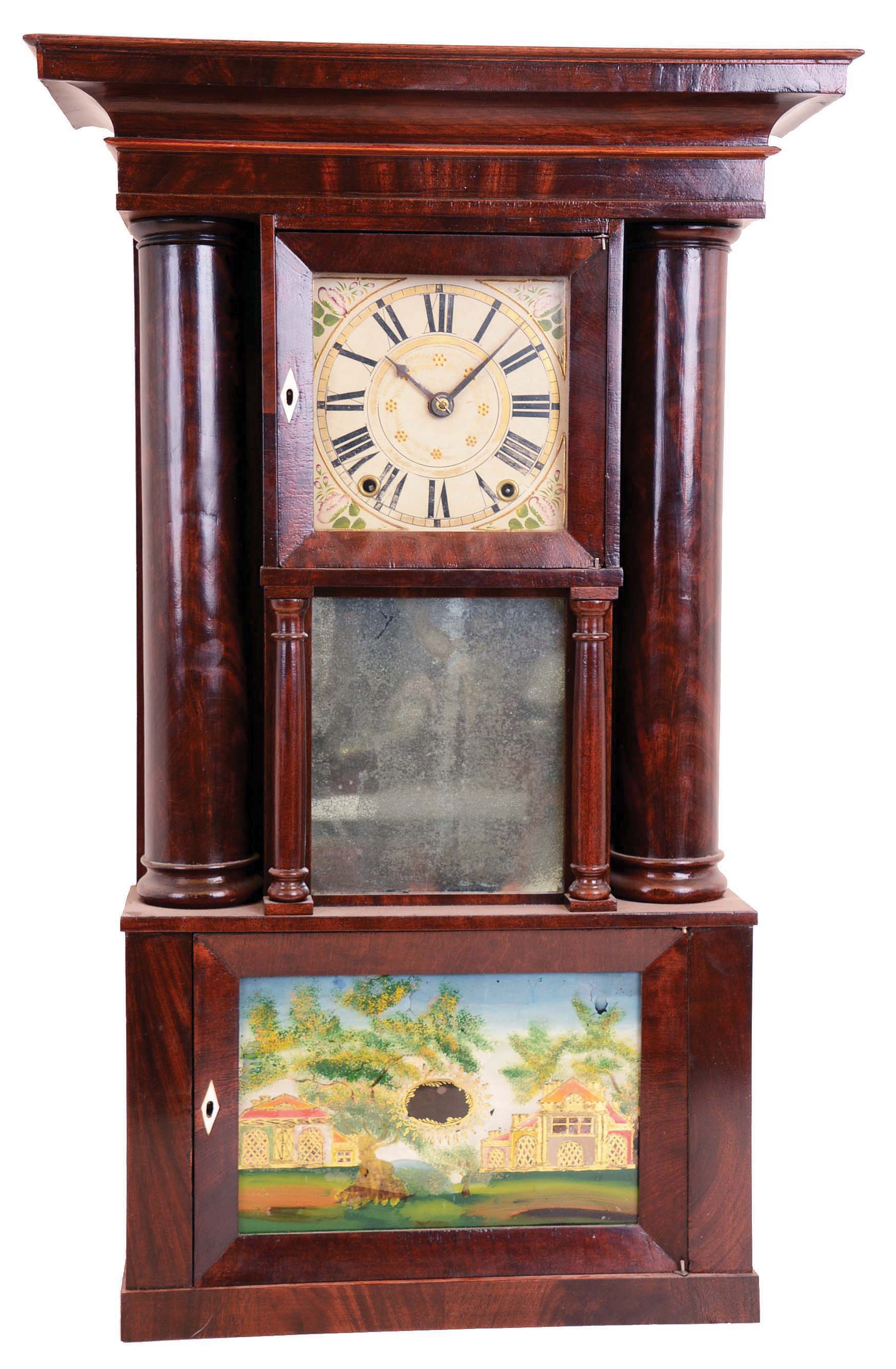 E. & G.W. Bartholomew, Bristol, Conn., 30 hour, time and strike weight wood movement hollow column shelf clock. — Antique Clocks Price Guide