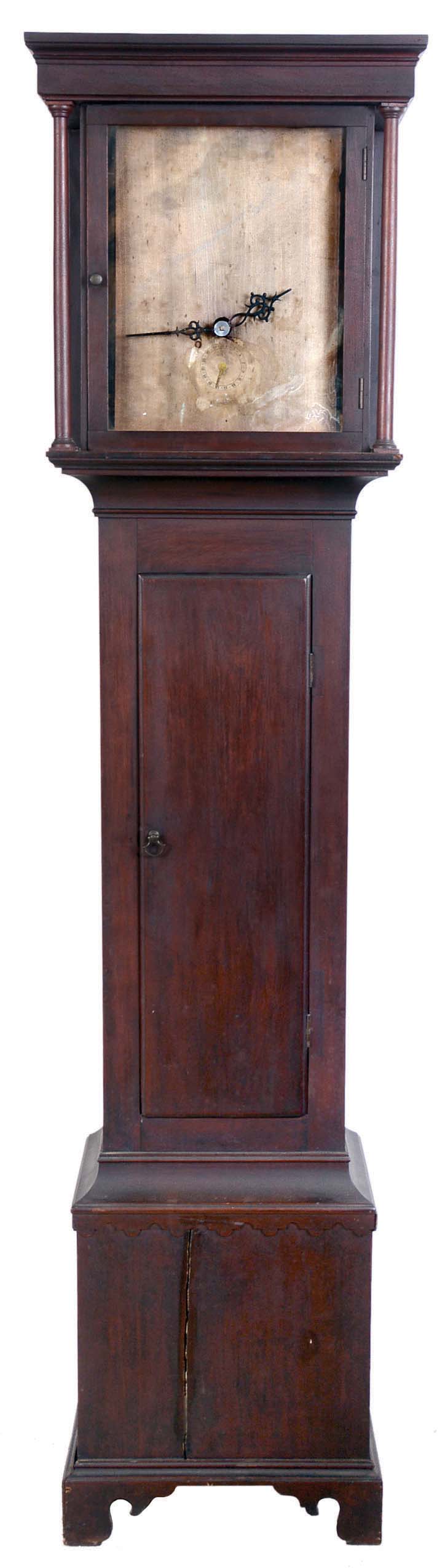 Joseph Ives or Amasa Ives, Jr. & Co., Bristol, Conn., flat top tall case clock, 8 day, time and strike, two weight driven wooden movement roller pinions in a pine case with full columns flanking hood door, scallop molding on top of Chippendale style bracket base and blank dial plate — Antique Clocks Price Guide