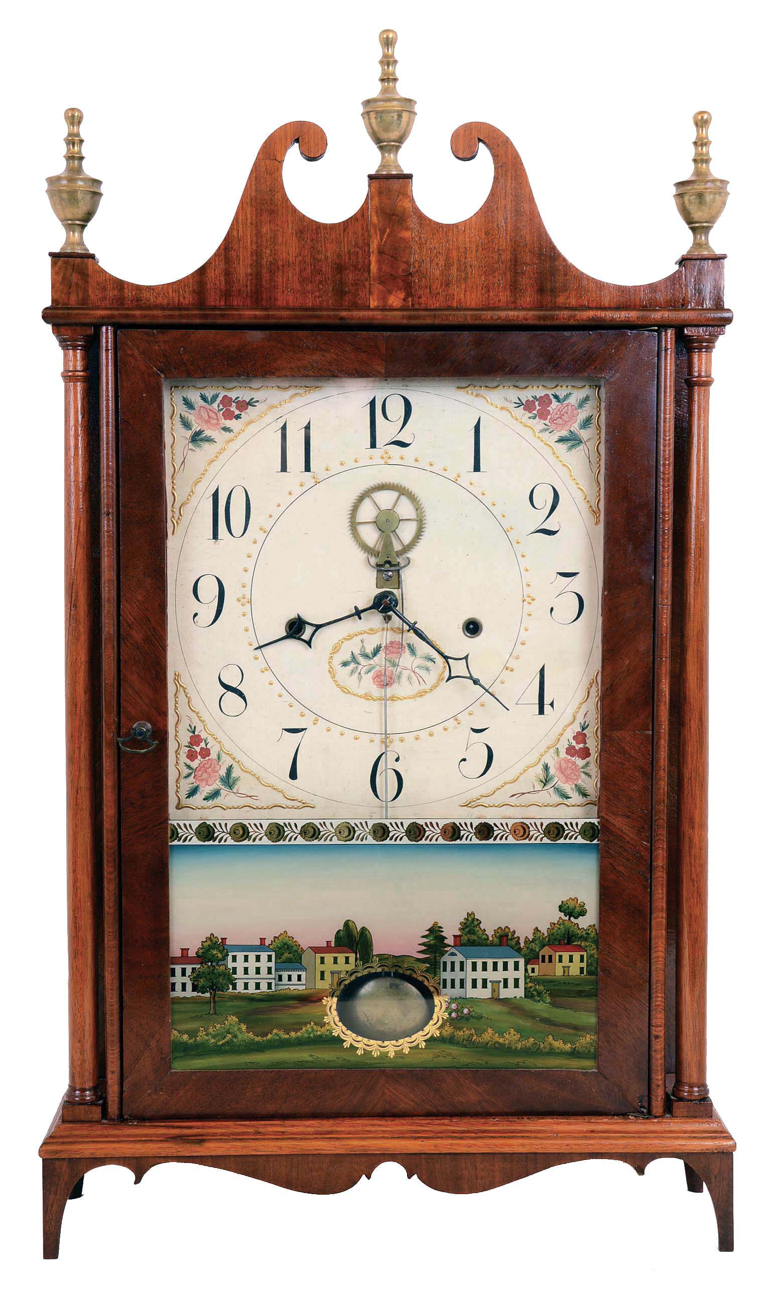 Eli Terry, Plymouth Hollow, Conn., "Pre-Model-3 D", 30 hour, time and strike weight wood movement "outside escape" pillar & scroll shelf clock with rack and snail strike. — Antique Clocks Price Guide