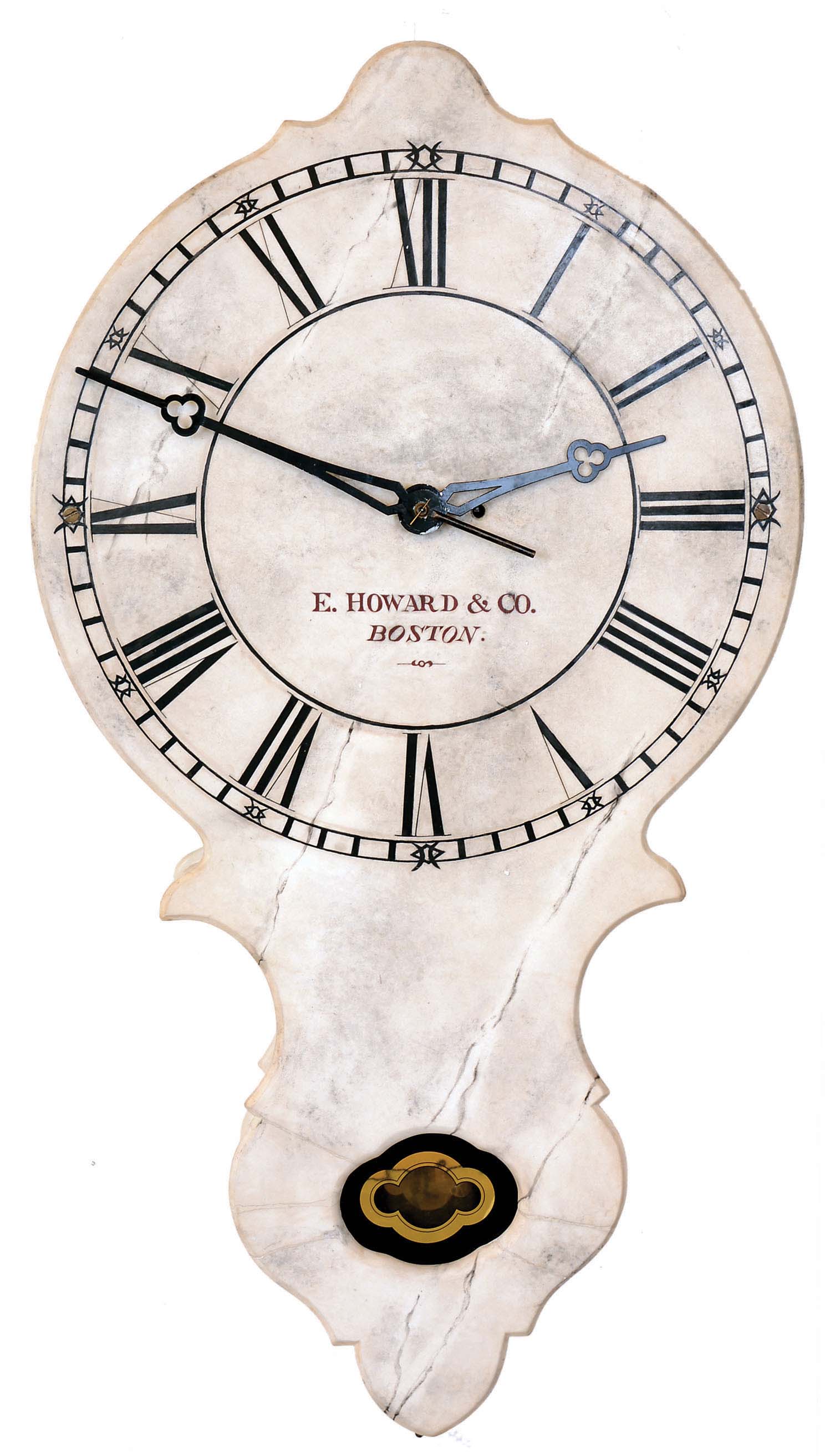 E. Howard & Co., Boston, Mass., "Model No. 17" marble front wall clock, Roman numeral dial, and the lower section with orifice containing reverse gold leafed glass showing pendulum bob. And with counter-balanced wheel work to compensate for large hands, F/S regulation nut at top center of case. — Antique Clocks Price Guide