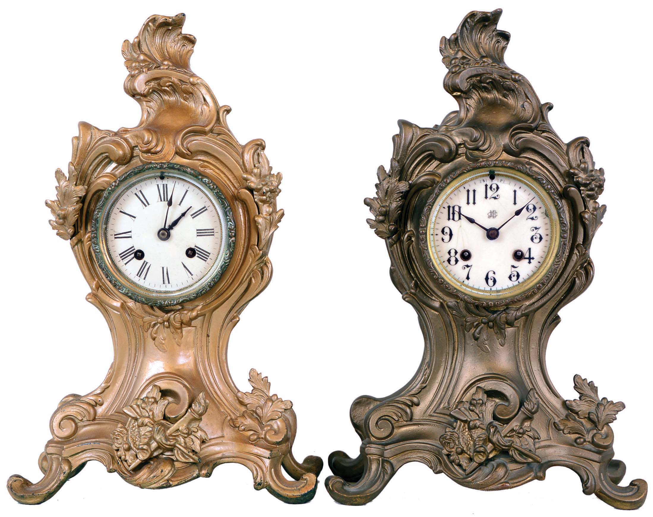 Clocks- 2 (Two) cast spelter mantel clocks; one with Jennings Brothers [Bridgeport, CT] on dial; both now fit with Vermont Clock Co. 8 day time and strike balance-wheel movements. — Antique Clocks Price Guide