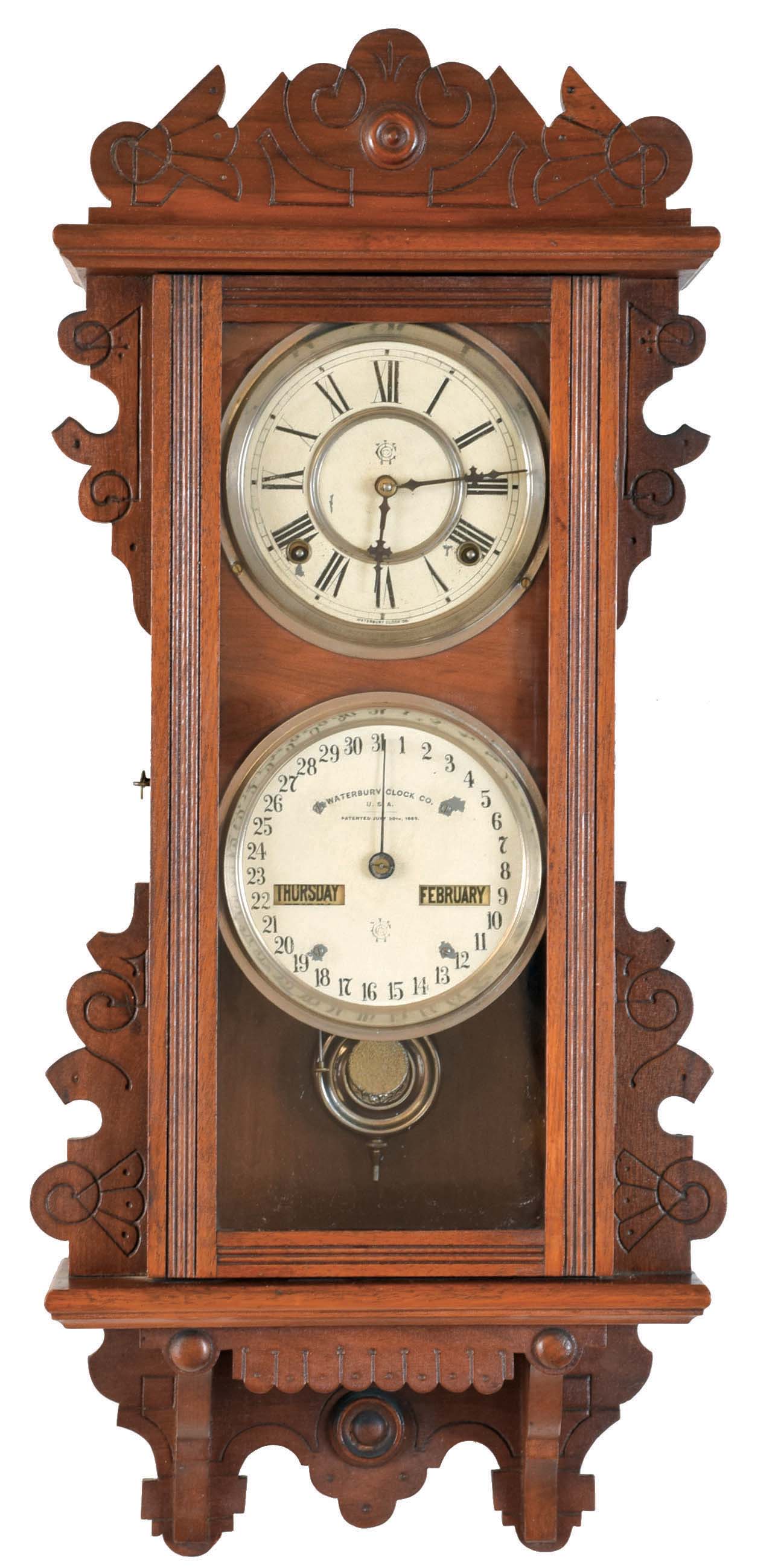 Waterbury Clock Co., Waterbury, Conn., "Calendar No. 38", 8 day, time and strike, spring brass movement double dial calendar wall clock. — Antique Clocks Price Guide