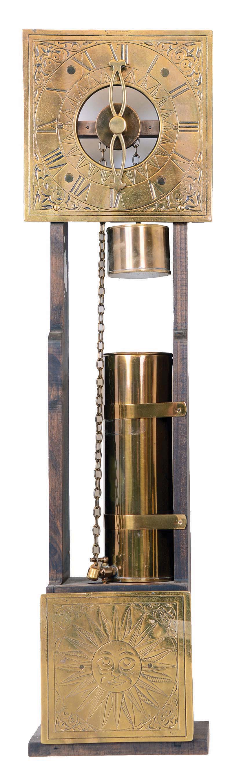 Clepsydra or water clock, ancient looking reproduction wall hanging made by Pearson, Page & Co., England — Antique Clocks Price Guide