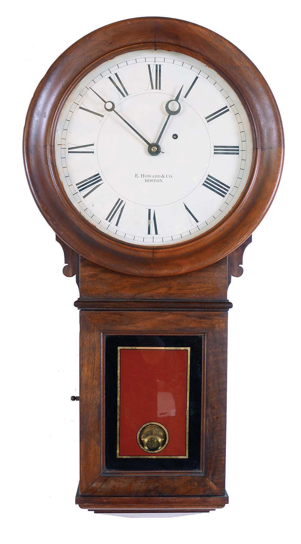 E. Howard & Co., Boston, Mass., "Regulator No. 70" wall hanging clock with a weight driven 8 day timepiece movement in a walnut case. — Antique Clocks Price Guide