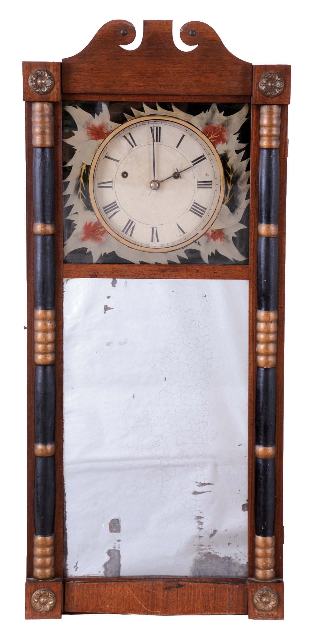 Abiel Chandler, Concord, New Hampshire 8 day, time and strike weight brass "rat-trap'' striking movement mirror clock. — Antique Clocks Price Guide