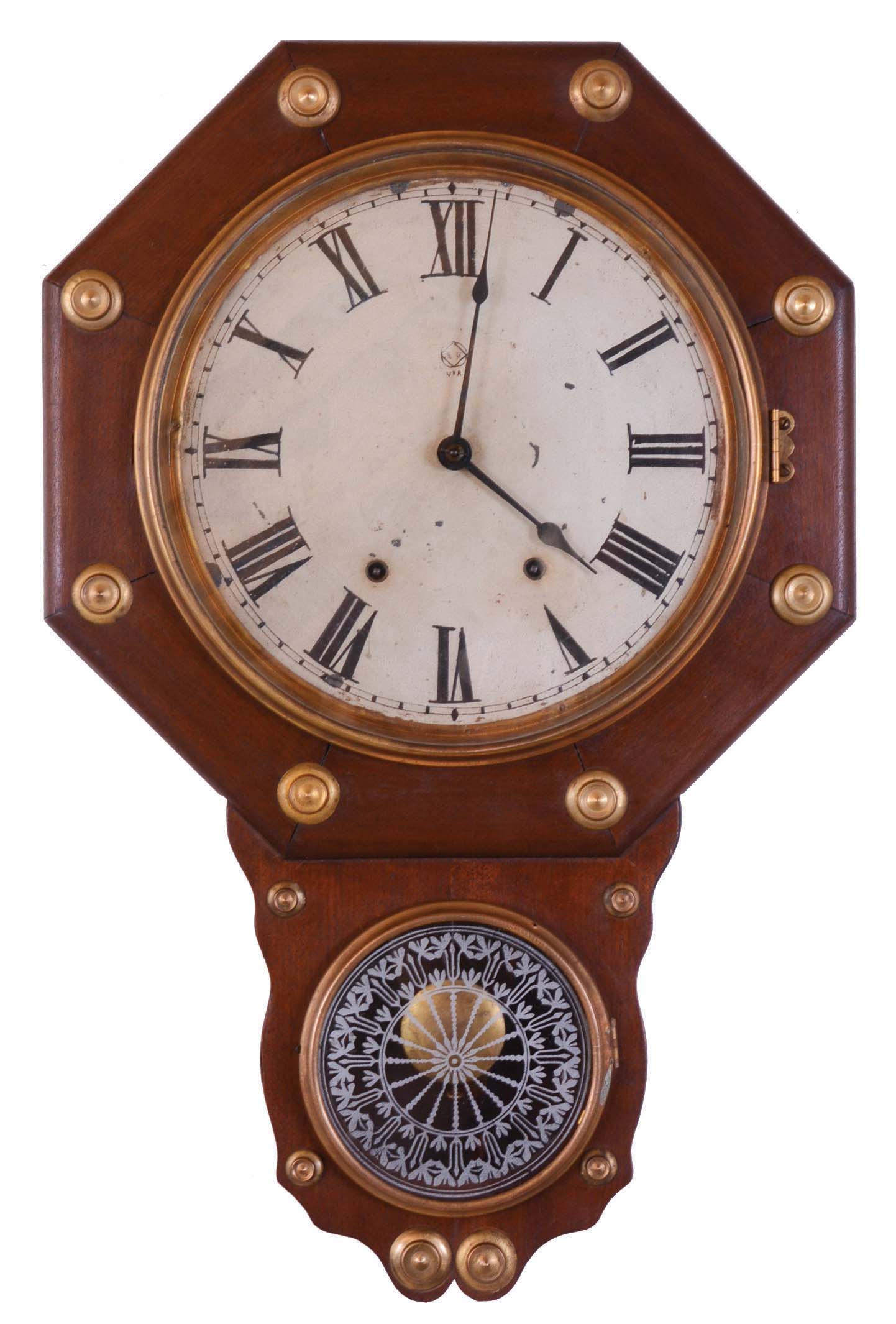 Clocks- 2 (Two): (1) Seth Thomas Clock Co, Thomaston, Conn., "Office No. 2", 8 day, time and strike spring brass movement wall clock. c1884 (2) E. Ingraham & Co., "Ionic", 8 day, spring brass movement wall timepiece. c1911 — Antique Clocks Price Guide