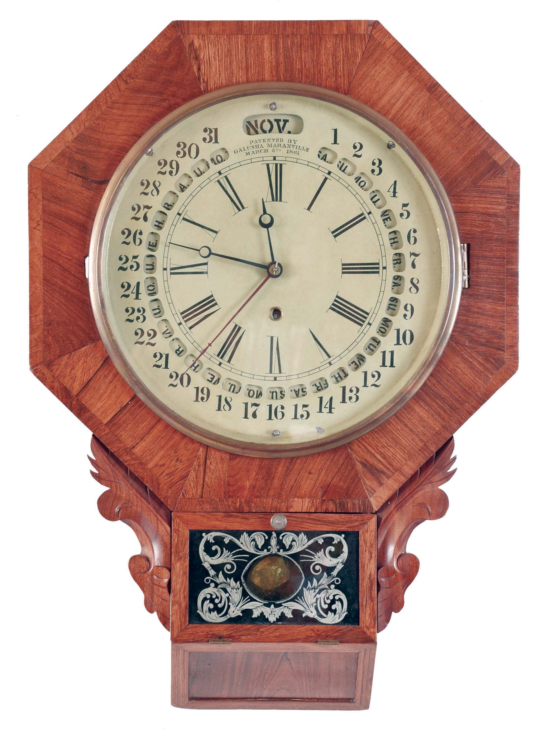 William L. Gilbert Clock Co., Winsted, Conn., 8 day, spring brass movement wall timepiece with "Galusha Maranville" patent calendar. — Antique Clocks Price Guide