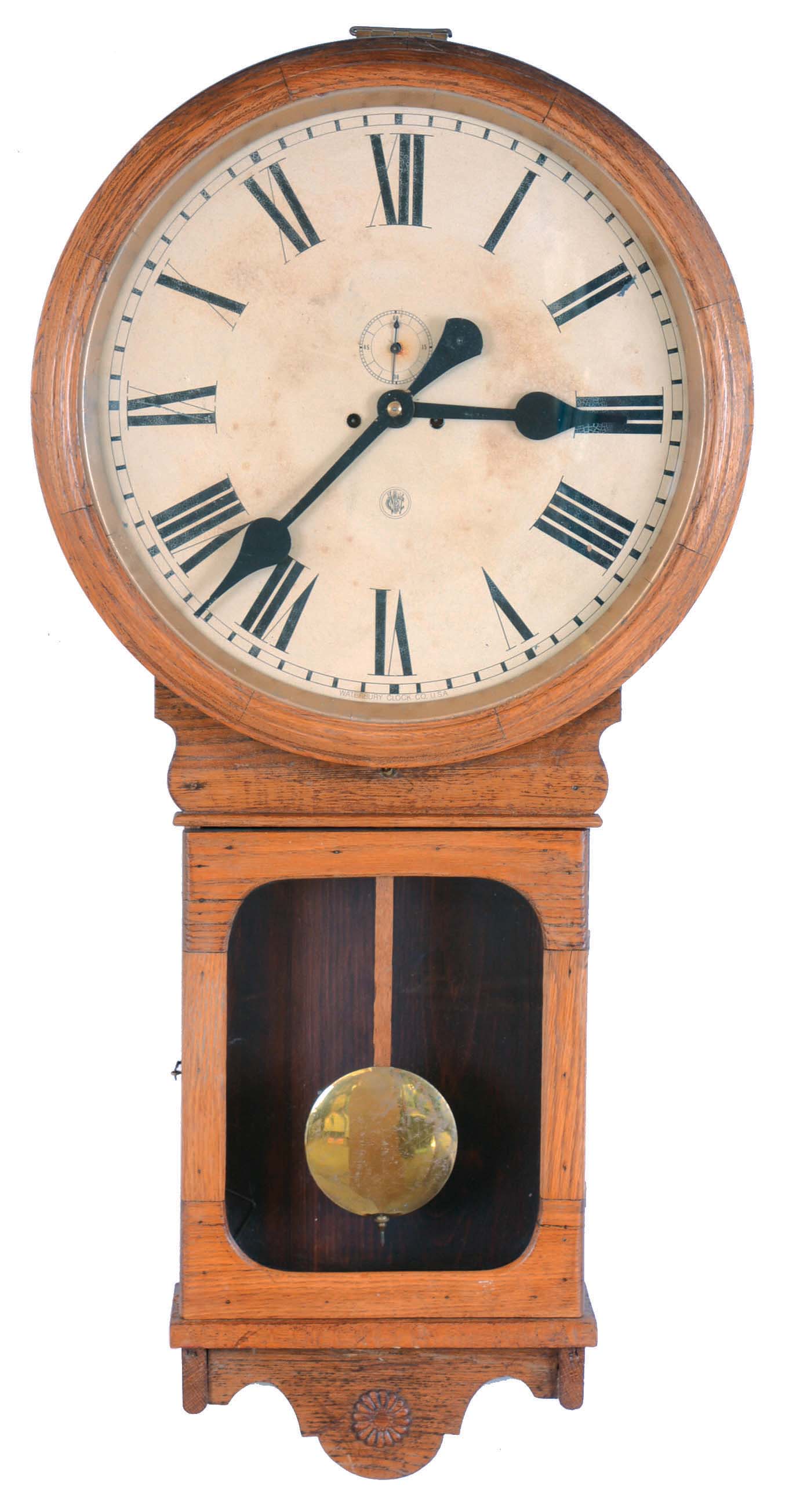 Waterbury Clock Co., Waterbury, Conn., "Regulator No. 80", 8 day, weight brass movement wall timepiece. — Antique Clocks Price Guide
