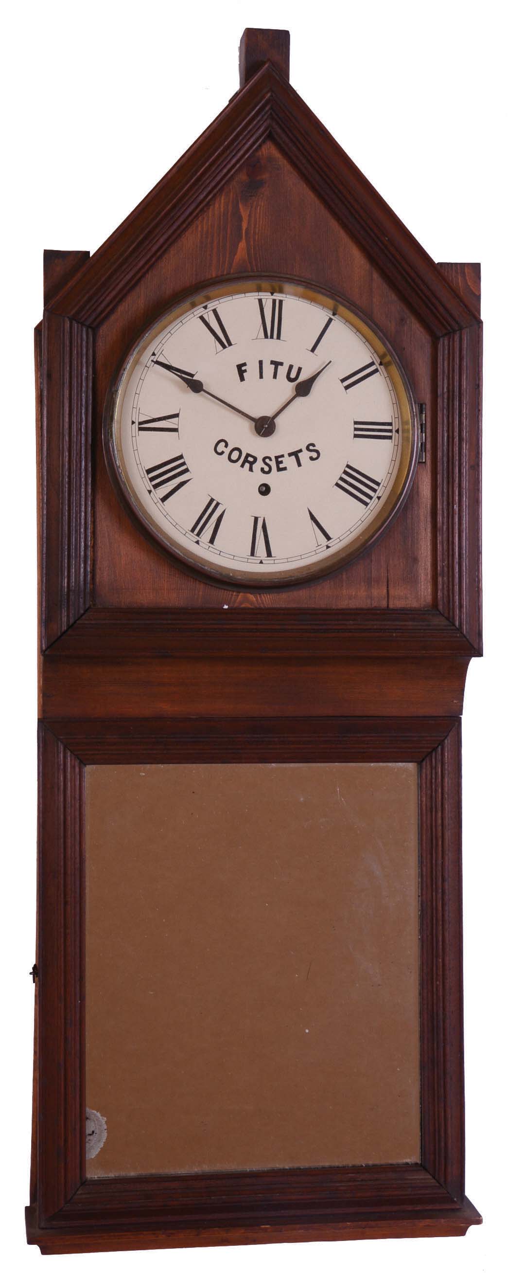 Clocks- 3 (Three): (1) Edward P. Baird & Co., Plattsburgh, New York, "Vanner & Prest's Molliscorium", 8 day, spring brass movement advertising timepiece. (2) Edward P. Baird & Co., Plattsburgh, New York, "Beecham's Pills", 8 day, spring brass movement advertising timepiece. (3) British Advertising (Fitu Corsets) wall hanging clock with a spring driven 8 day timepiece movement in a softwood case. The movement is signed "British United Clock Co. Ltd., Birmingham, England". — Antique Clocks Price Guide