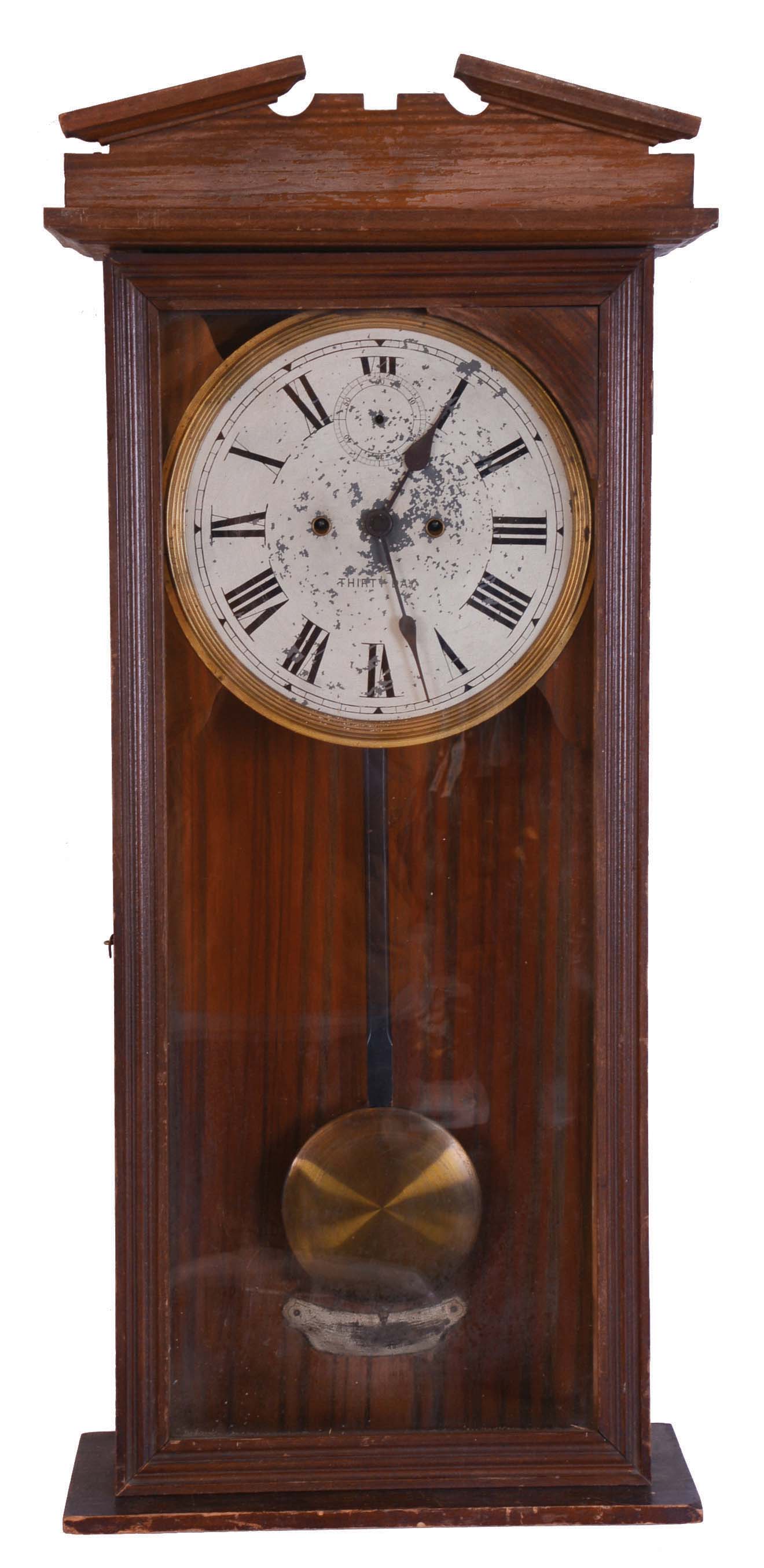 Clocks- 3 (Three): (1) New Haven Clock Co., New Haven, Conn., "Vamoose", 30 day, double wind spring brass movement wall timepiece. c1911 (2) Waterbury Clock Co., Waterbury, Conn., "Carlton", 8 day, time and strike spring brass movement wall timepiece, c1891. (3) E. Ingraham & Co., Bristol, Conn., "Western Union", 8 day, spring brass movement wall timepiece. c1905 — Antique Clocks Price Guide