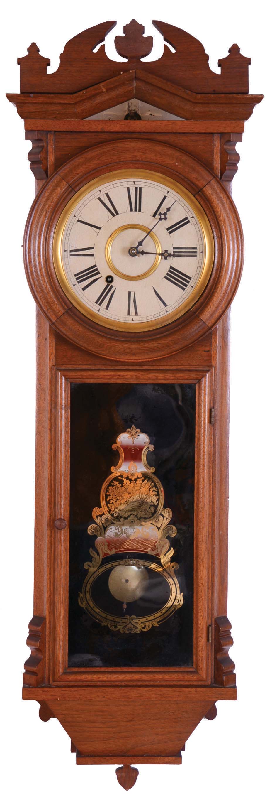 William E. Hadlock & Co., Boston, Mass., 8 day, spring brass movement wall timepiece. Hadlock was a maker of chronometers and operated his business with various partners until 1915. He produced high grade spring driven movements. — Antique Clocks Price Guide
