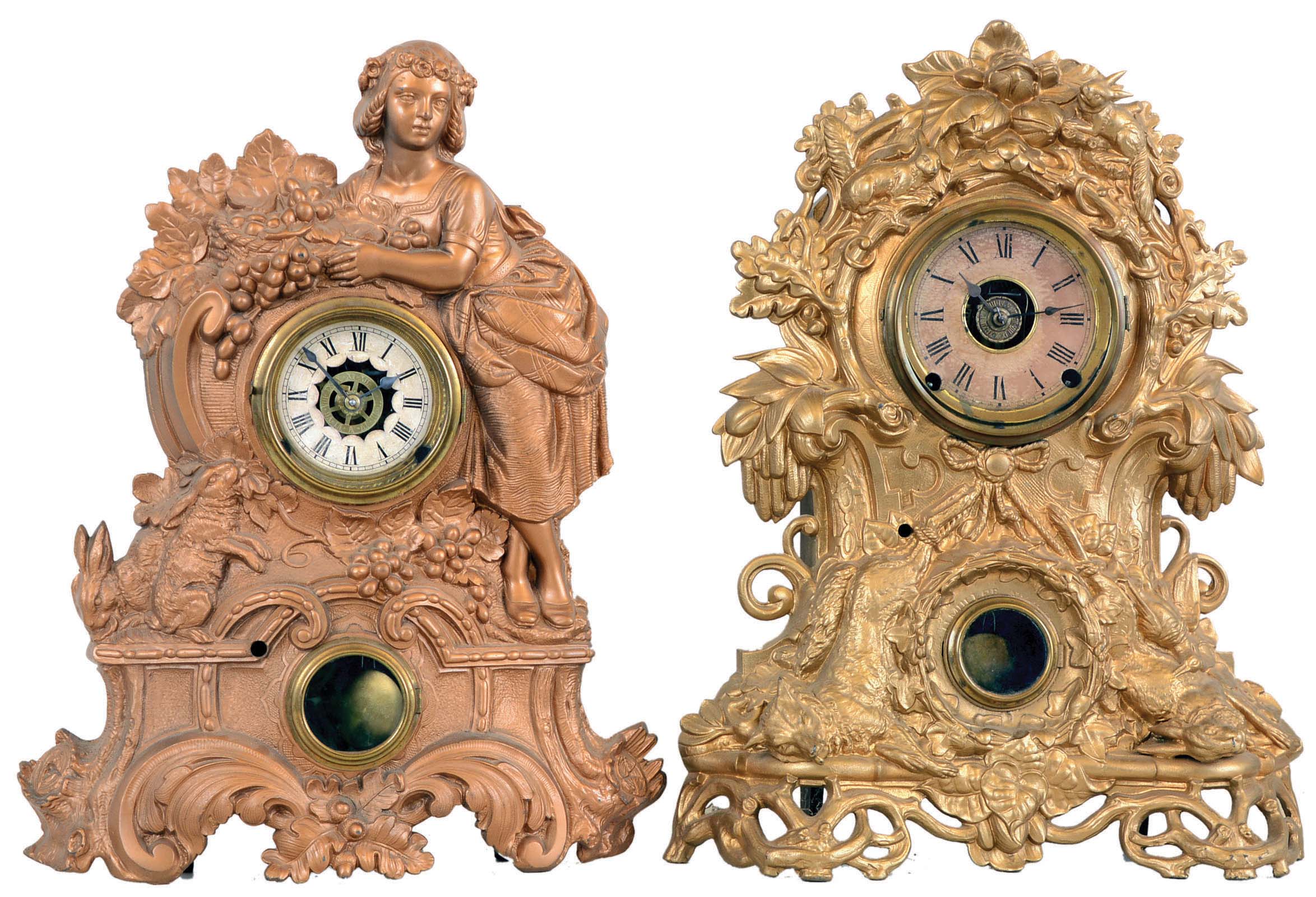 Clocks- 2 (Two) Metal-front cast mantel: Muller No. 67 (Peasant Girl) and No. 65 (Fox and Hare) with 8 day time and strike Connecticut movements, with subsidiary alarm movements, one case with Waterbury interior label, c1870 — Antique Clocks Price Guide