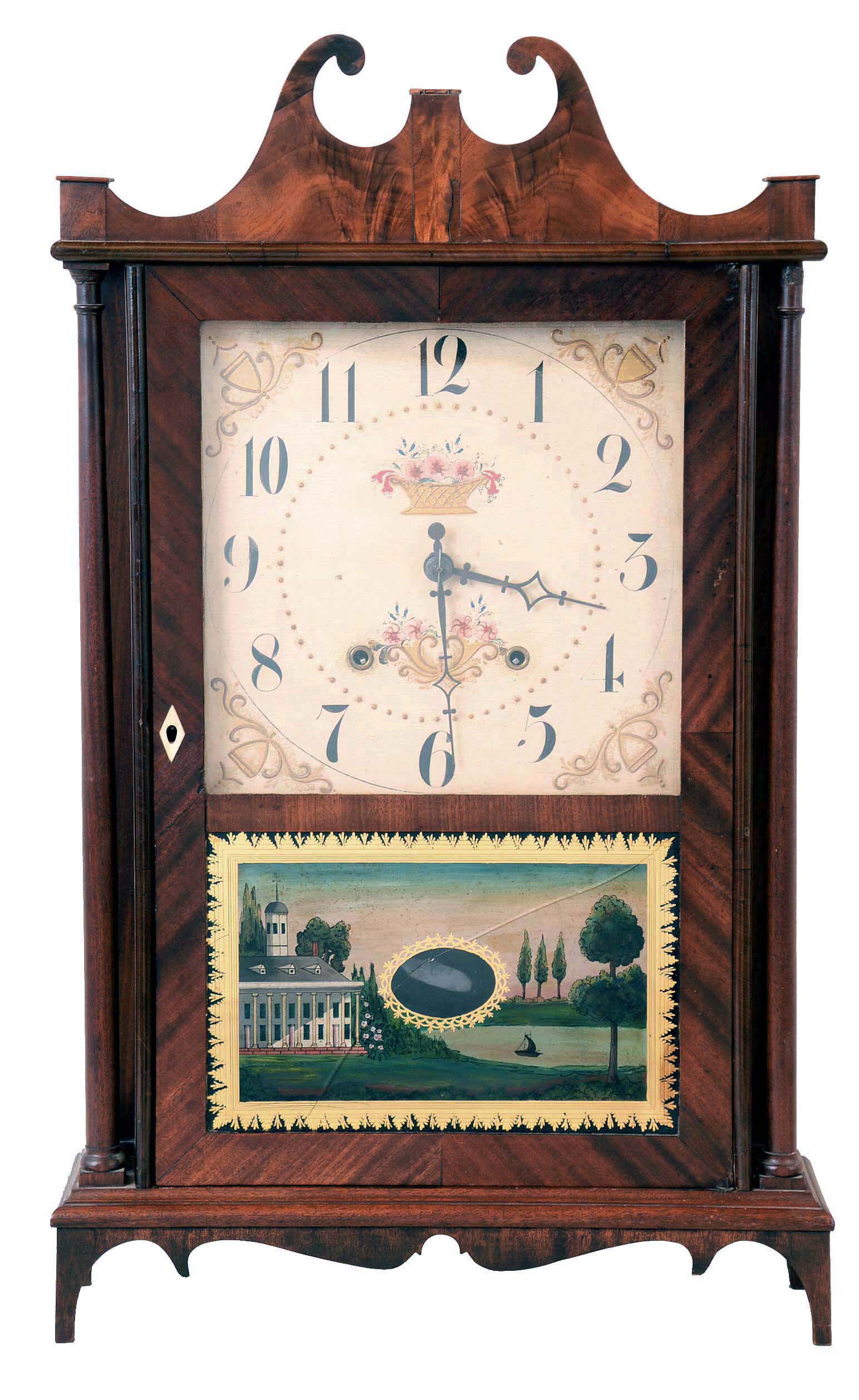 Eli Terry, Plymouth Hollow, Conn., 30 hour, time and strike weight wood movement pillar & scroll shelf clock with alterations. — Antique Clocks Price Guide