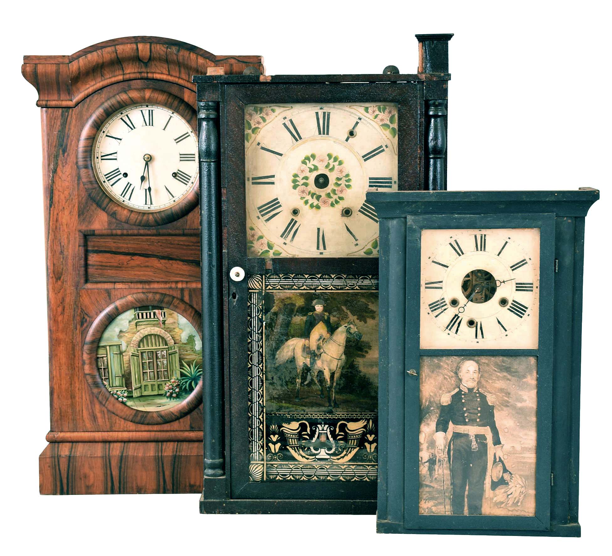Clocks- 3 (Three) American shelf clocks: (1) Atkins & Downs, Bristol, Conn., 30 hour wooden movement with original Napoleon tablet, c1830. (2) Atkins, Porter & Co., Bristol, Conn., 30 hour weight-driven shelf clock in small cornice top case, c1845. (3) Seth Thomas Clock Co, Thomaston, Conn., 8 day weight-driven "Parlor Calendar No. 1 (missing calendar mechanism) , c1863. — Antique Clocks Price Guide