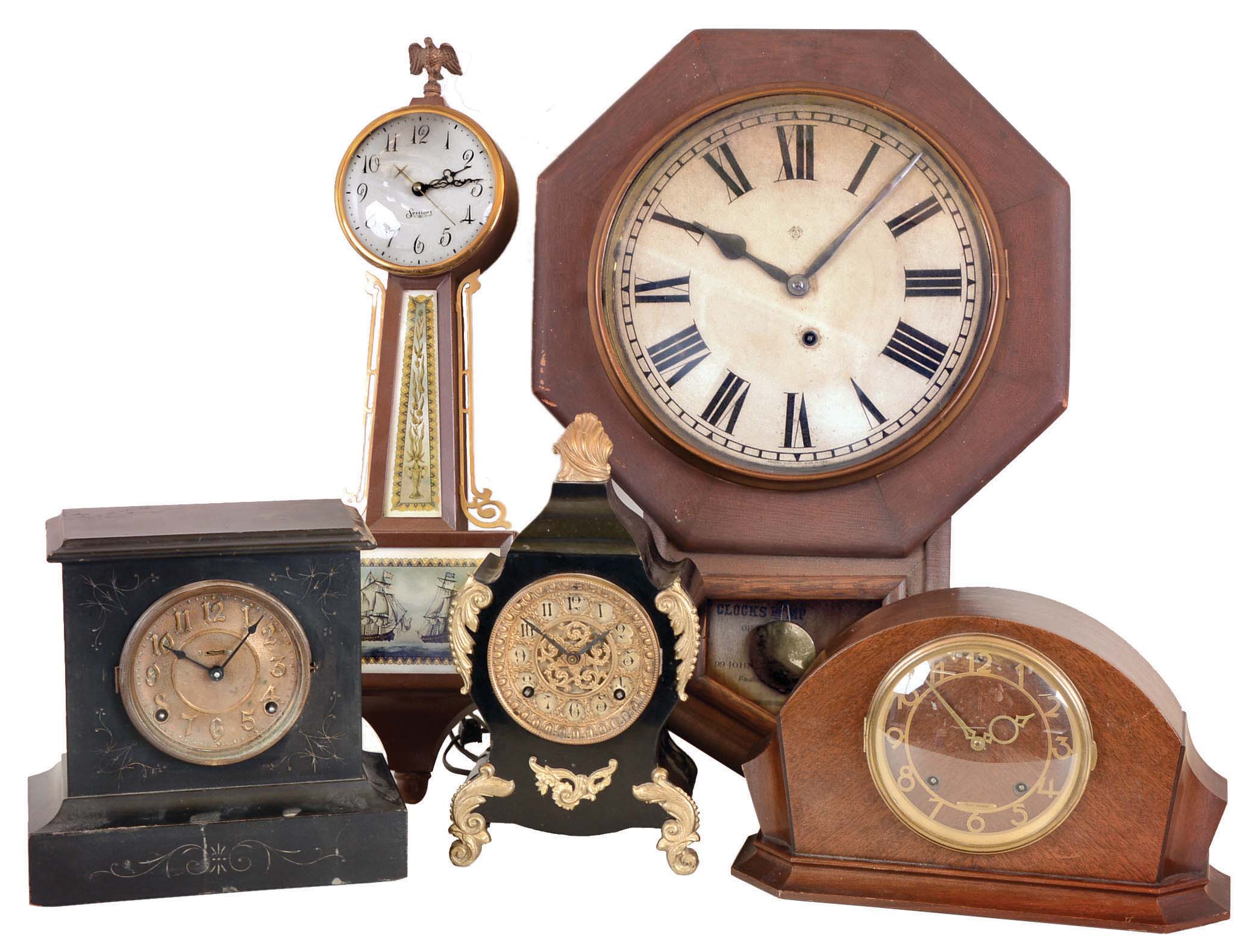 Clocks- 7 (Seven) , plus a Crosby steam gauge Ingraham "Wizard" black enameled 8 day time and strike mantel; Ansonia time only 8 day school clock; Sessions plug-in electric banjo; Ansonia black enameled iron 8 day time and strike; Seth Thomas mahogany 8 day mantel with bim-bam strike, dated 1947; two Delft plate time only wall clocks; 20th century — Antique Clocks Price Guide