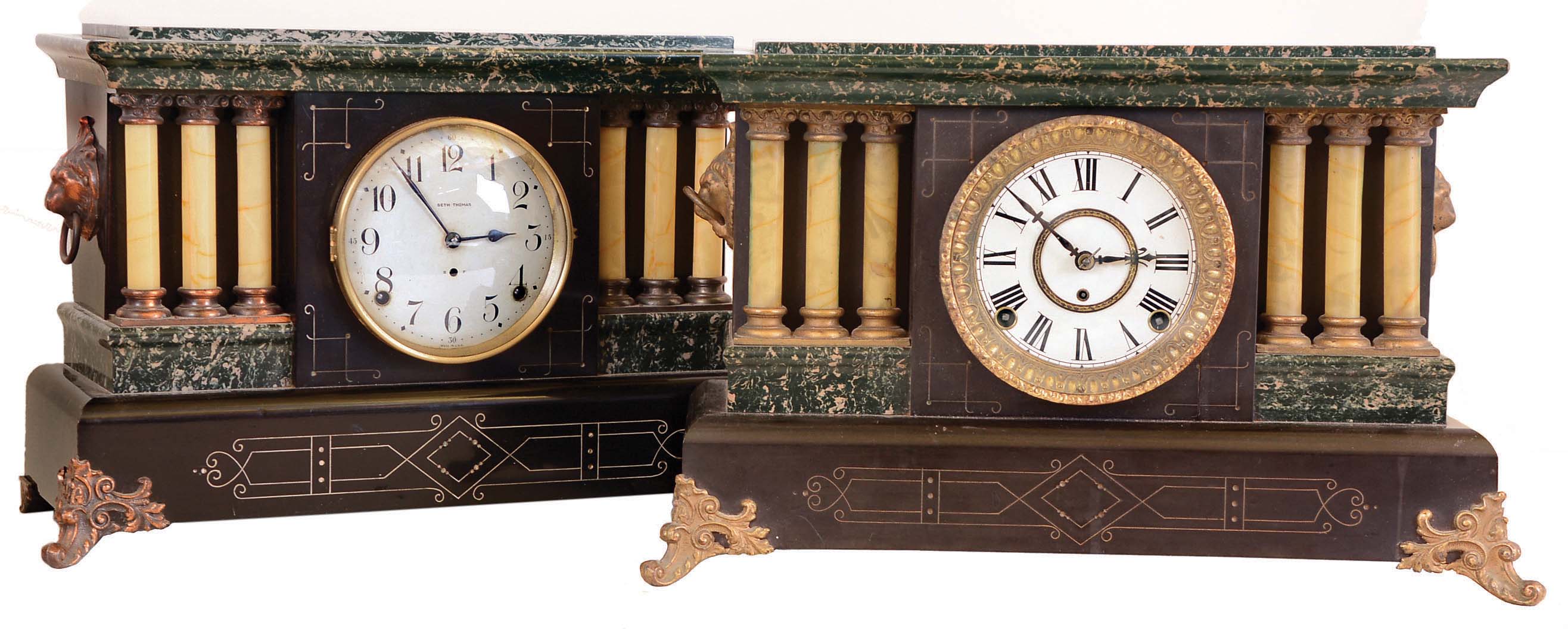 Clocks- 4 (Four) Seth Thomas Clock Co., Thomaston, Conn., "Adamantine" 8 day time and strike mantel clocks: two are the "Unlisted No. 1" shown in Ly; the other two also are identical, but that model is not found in Ly. — Antique Clocks Price Guide
