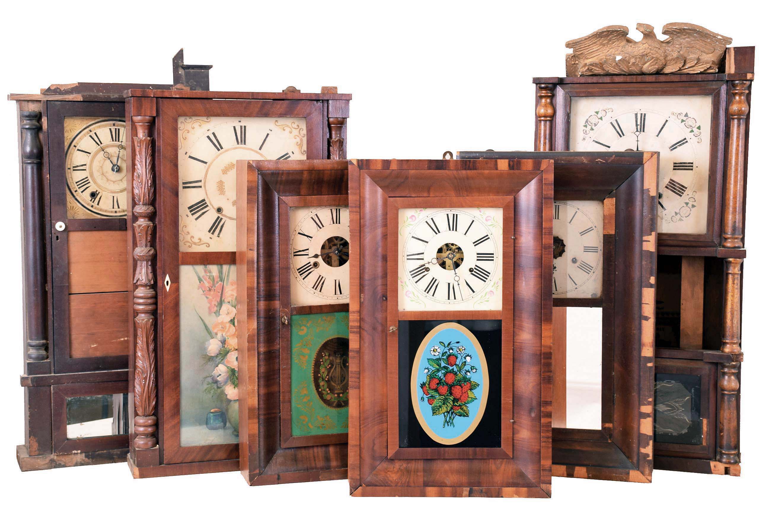Clocks- 6 (Six) 6 American shelf: (1) Unknown, 30 hour wood shelf clock attributed to Smith, Blakesley & Co., Bristol, Conn., c1845. (2) George Marsh, Winchester, Conn., 30 hour OG with very nice Wm. B. Fenn tablet, c1850. (3) Jerome & Co, New Haven, Conn., OOG, c1870. (4) George Marsh, Winchester, Conn., 30 hour OG, c1850. (5) Seymour, Williams & Porter, Farmington, Conn., 30 hour wooden movement shelf clock in carved column & splat case, c1830. (6) Elisha Manross, Bristol, Conn., 8 day Empire triple decker shelf clock c1850. — Antique Clocks Price Guide
