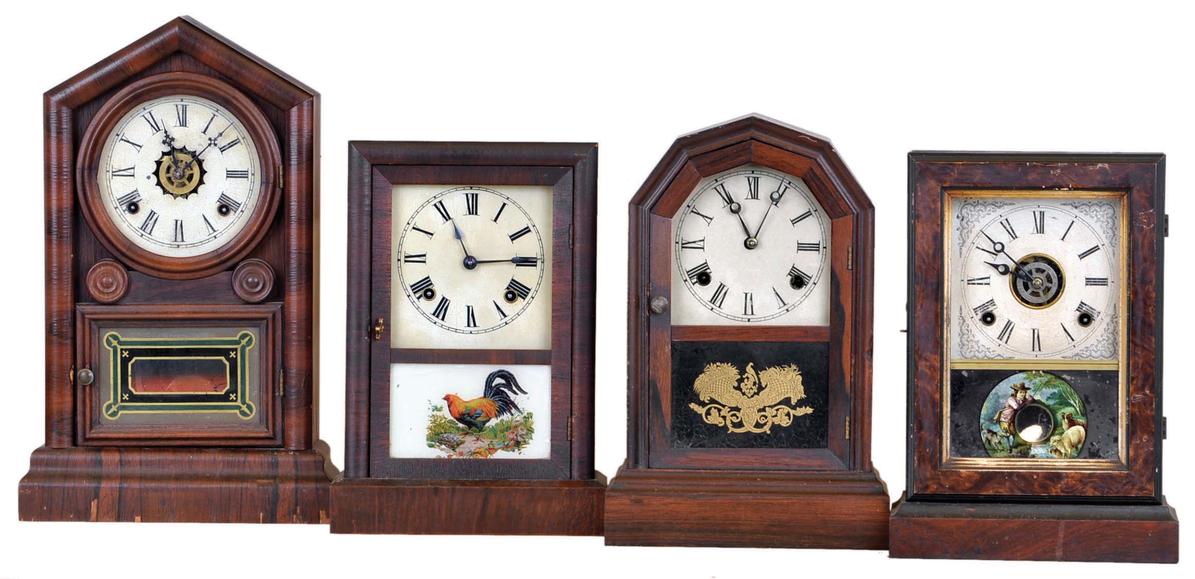Clocks- 4 (Four): (1) William L. Gilbert Clock Co., Winsted, Conn., "Gem" 8 day, time, strike and alarm spring brass movement cottage clock. c1875 (2) Atkins Clock Co., Bristol, Conn., 8 day, time and strike spring brass movement octagon top cottage clock. c1875 (3) E. Ingraham & Co., Bristol, Conn., "Argand" 8 day, time, strike and alarm spring brass movement cottage clock. c1880 (4) Ansonia Clock Co., New York., 8 day, time and strike spring brass movement cottage clock. c1880 — Antique Clocks Price Guide
