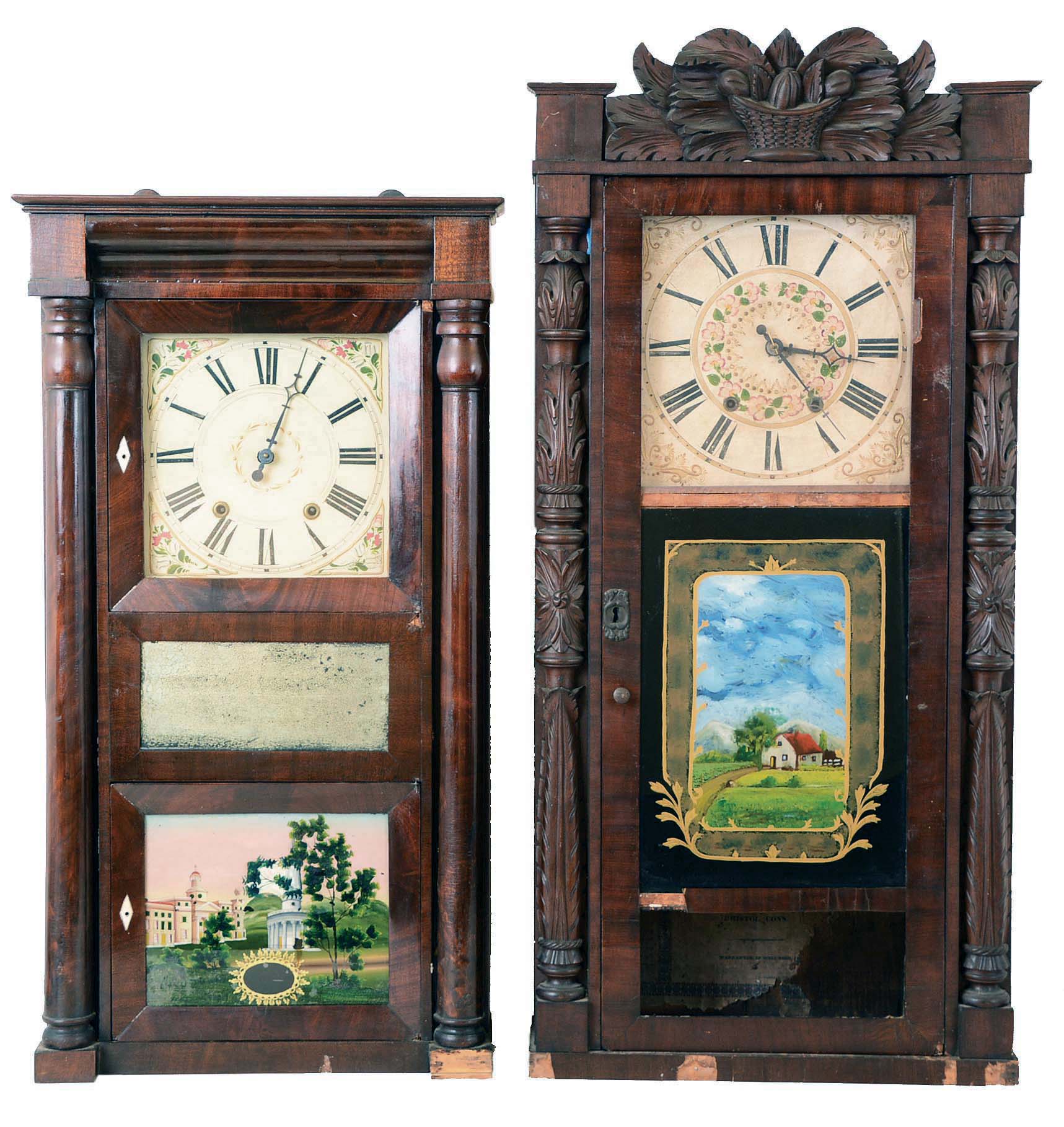 Clocks- 2 (Two): (1) Jeromes & Darrow, Bristol, Conn., 8 day, time and strike weight wood movement carved column & splat shelf clock. c1830 (2) Eli Terry Jr & Co., Terrysville, Conn., 8 day, time and strike weight wood movement column & cornice shelf clock. c1836 — Antique Clocks Price Guide