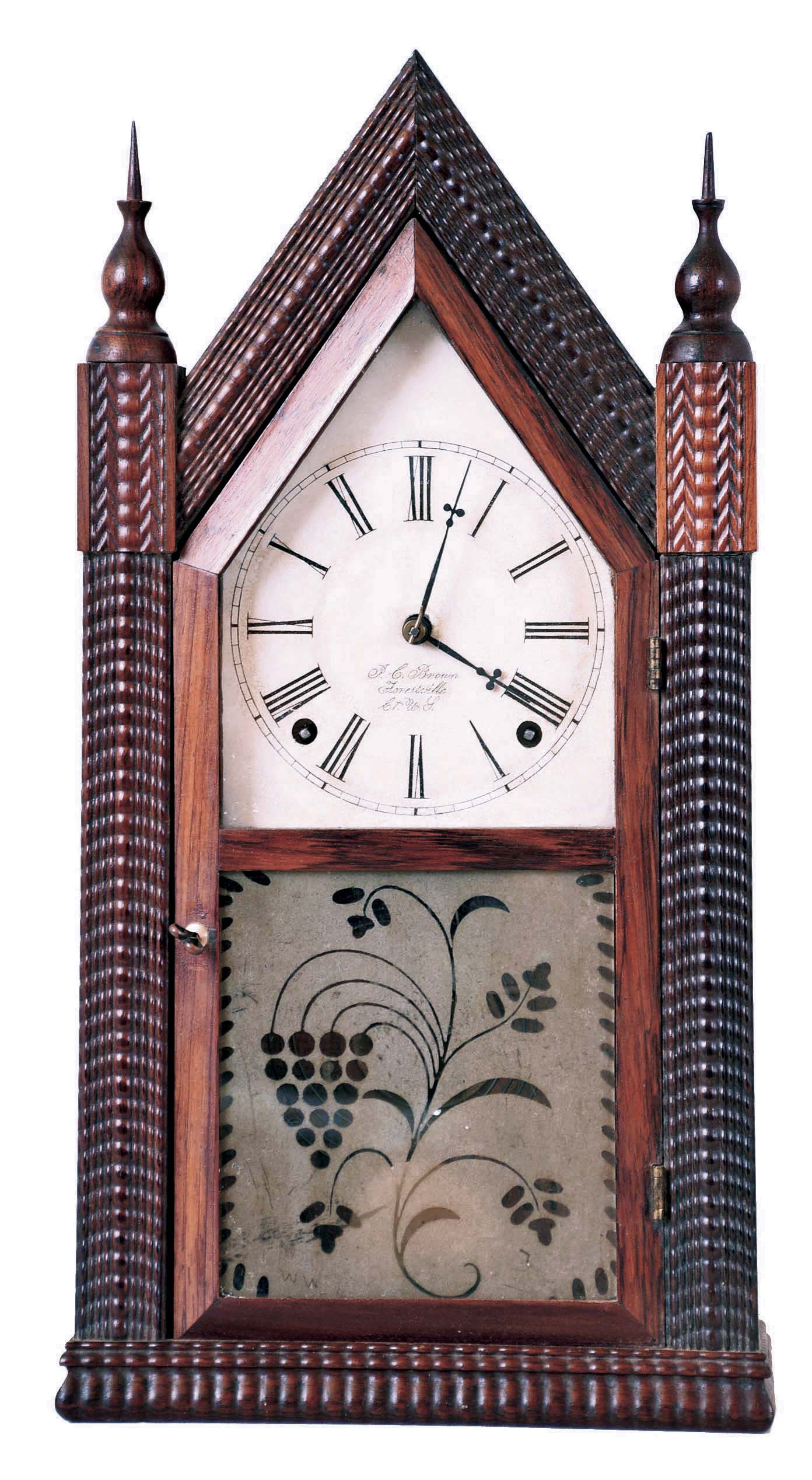 Forestville Mfg. Co., J.C. Brown, Bristol, Conn., 8 day brass time & strike movement in ripple front sharp Gothic or "steeple" clock. — Antique Clocks Price Guide