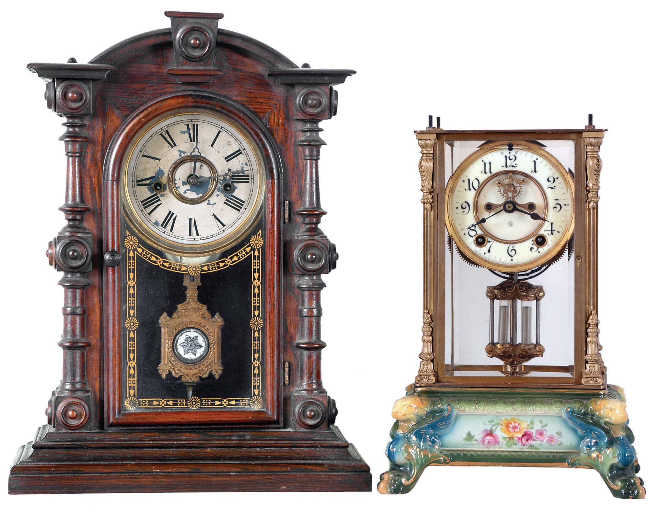Clocks- 2 (Two): (1) Ansonia Clock Co., New York, NY, "Crystal Regulator No. 6", 8 day, time and strike spring brass movement crystal regulator mantel clock. c1906 (2) Welch, Spring & Co., Forestville, Conn., "Patti V.P.", 8 day, time and strike spring brass movement mantel clock. c1880 — Antique Clocks Price Guide