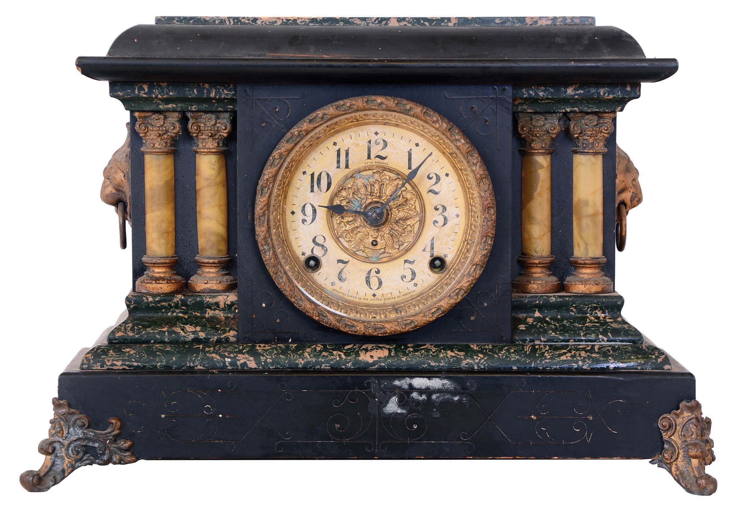 Clocks- 4 (Four): (1) Seth Thomas Clock Co., Thomaston, Conn., "Unlisted No. 1", 8 days, time and strike spring brass movement Adamantine mantel clock. c1900 (2) Seth Thomas Clock Co., Thomaston, Conn., 8 days, time and strike spring brass movement Admantine mantel clock. c1900 (3) Seth Thomas Clock Co., Thomaston, Conn., 8 days, time and strike spring brass movement Adamantine mantel clock. c1900 (4) Seth Thomas Clock Co., Thomaston, Conn., 8 days, time and strike spring brass movement Adamantine mantel clock. c1900 — Antique Clocks Price Guide