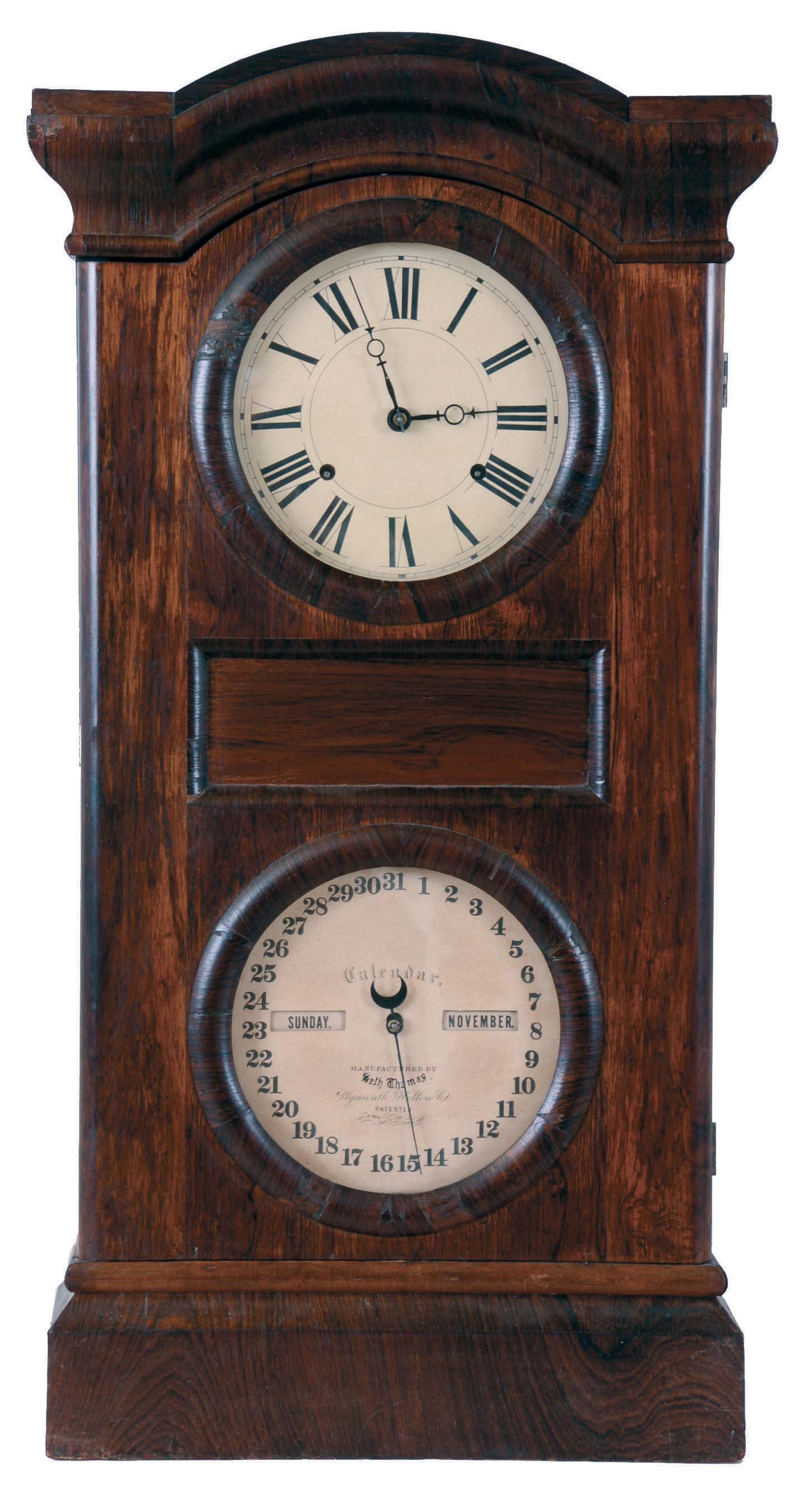 Seth Thomas Clock Co., Thomaston, Conn., "Parlor Calendar No. 1" shelf clock with a weight driven 8 day time and strike lyre movement with a Mix Brothers patented perpetual calendar mechanism in a rosewood veneered case. — Antique Clocks Price Guide