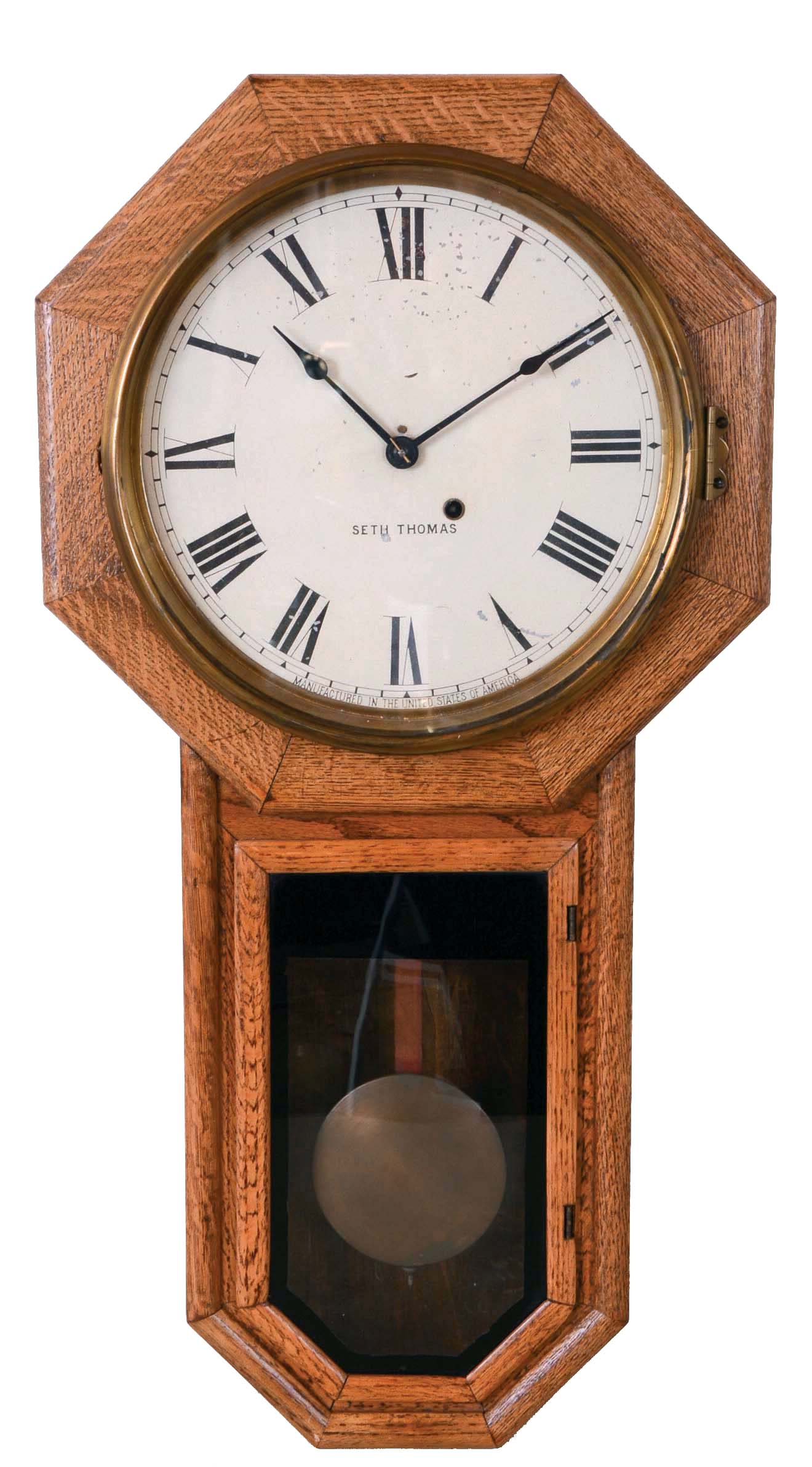 Clocks- 2 (Two): (1) Ansonia Clock Co., New York, NY,"Queen Elizabeth", 8 day, time and strike spring brass movement wall clock. c1885. (2) Seth Thomas Clock Co., Thomaston, Conn., "Globe" wall hanging clock with a spring driven 8 day timepiece movement in an oak case. c1909. — Antique Clocks Price Guide
