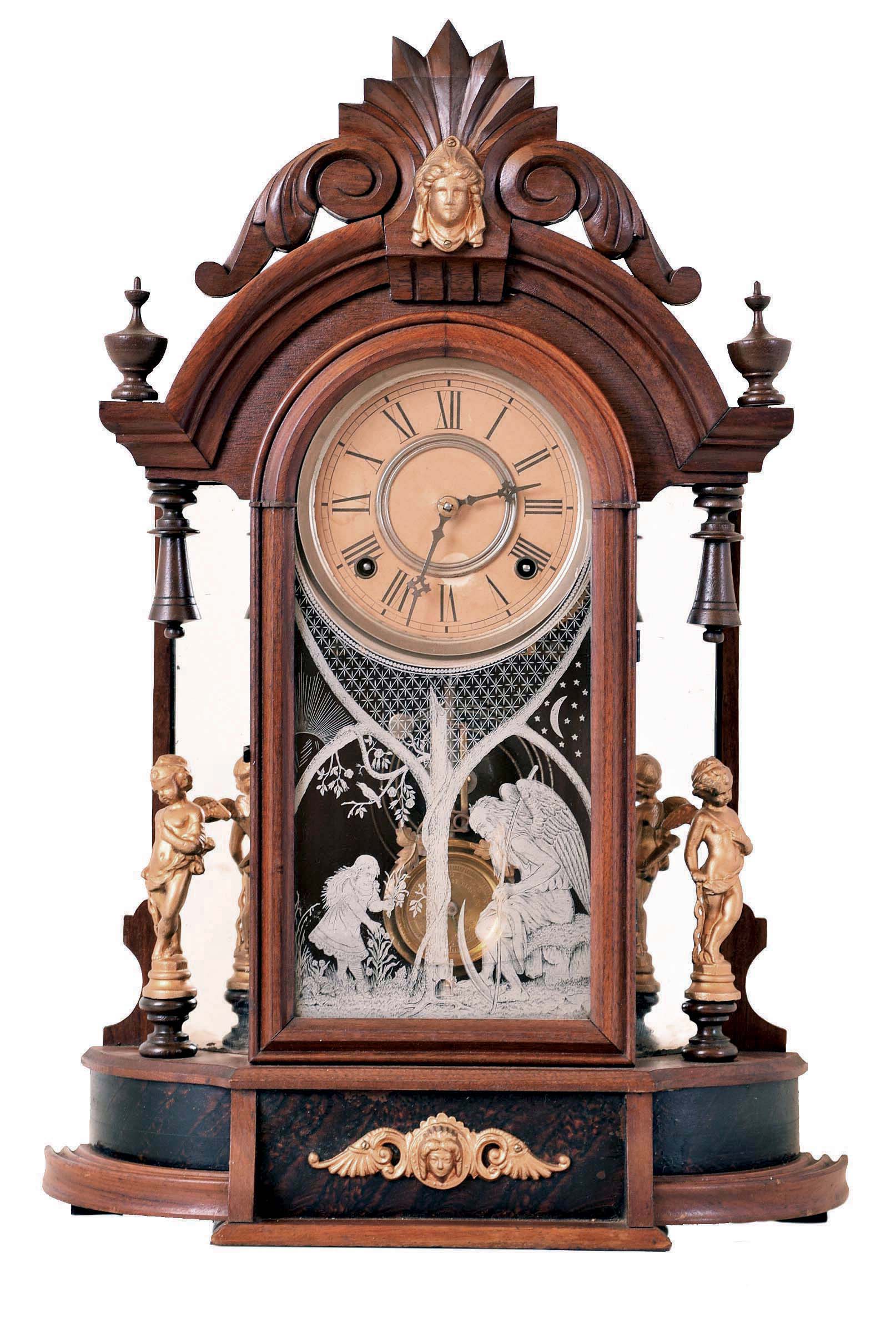 William L. Gilbert Clock Co., Winsted, Conn., "Occidental" model mirror side mantel clock with exceptional "Father Time" tablet. — Antique Clocks Price Guide