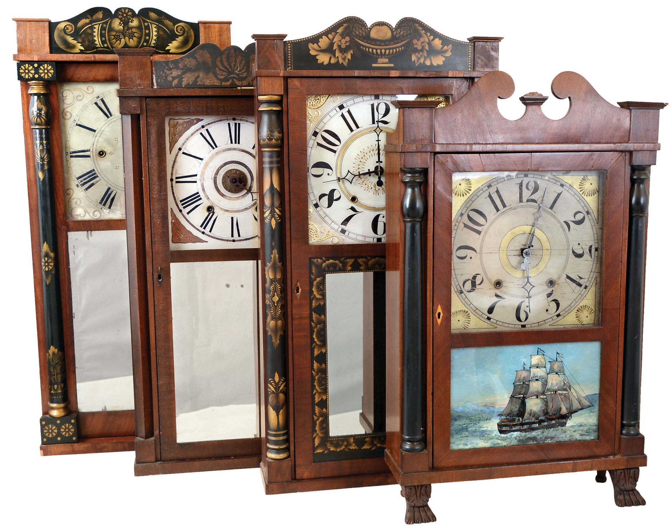 Clocks- 4 (Four): (1) George Marsh, Bristol, Conn., 30 hour, time and strike weight wood movement half column & splat shelf clock. c1830 (2) Barnes, Bartholomew & Co., Bristol, Conn., 30 hour, time and strike weight wood movement half column & splat shelf clock. c1833. (3) David Dutton, Mount Vernon, New Hampshire, 30 hour "groaner" type weight wood movement half column & splat shelf clock. c1832 (4) David Dutton, Mount Vernon, New Hampshire, 30 hours, time, strike and alarm weight wood movement column & splat shelf clock. c1835 — Antique Clocks Price Guide