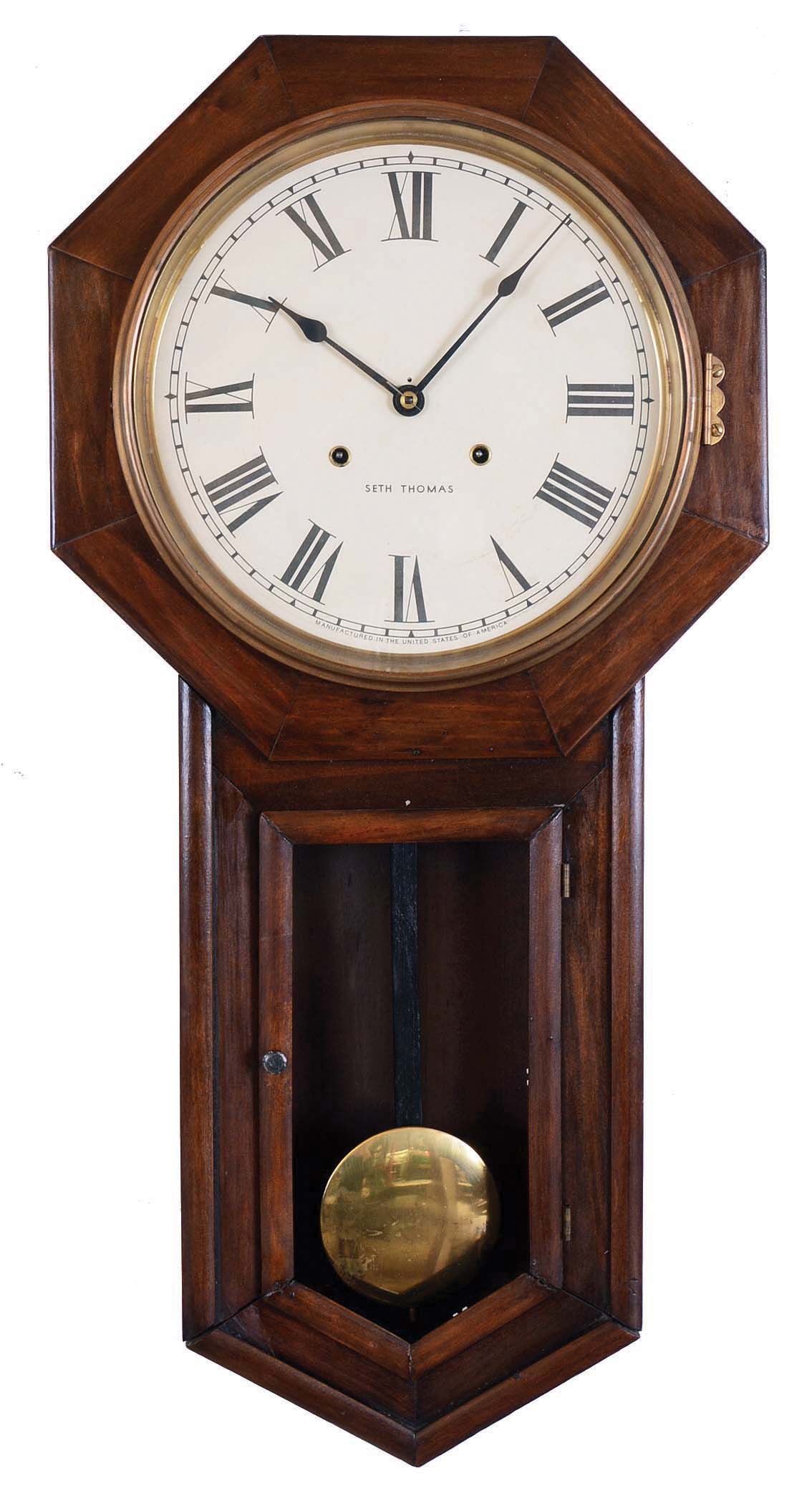 Clocks- 2 (Two): (1) Seth Thomas Clock Co., Thomaston, Conn., "Globe" 8 day, time and strike spring brass movement drop octagon wall clock. c1913 (2) William C. Vosburgh & Co., New York, 8 day, time and strike spring brass movement drop octagon wall clock. c1855 — Antique Clocks Price Guide