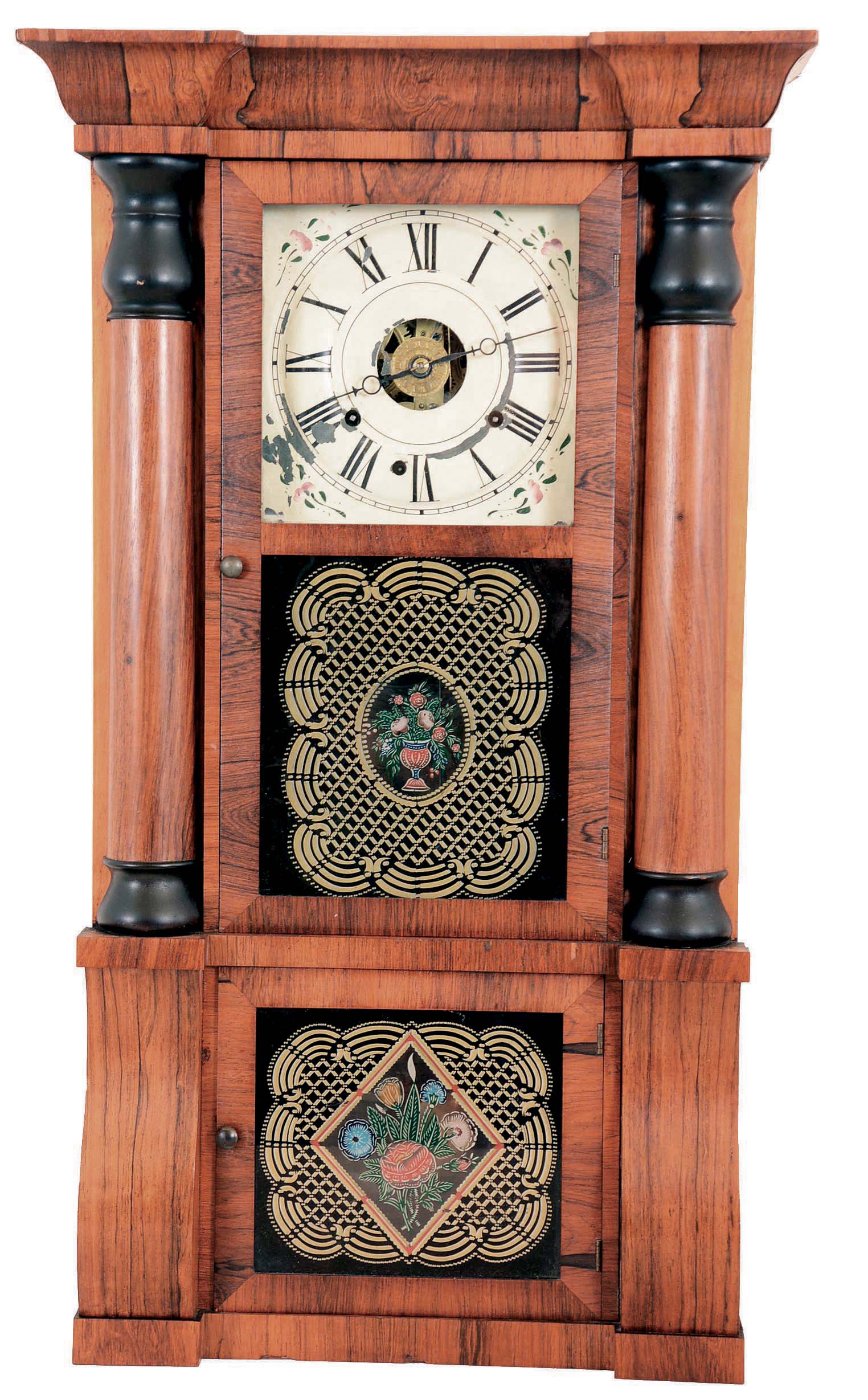 Seth Thomas, Plymouth Hollow, Conn., 8 day, time, strike and alarm weight brass movement column & cornice shelf clock. — Antique Clocks Price Guide