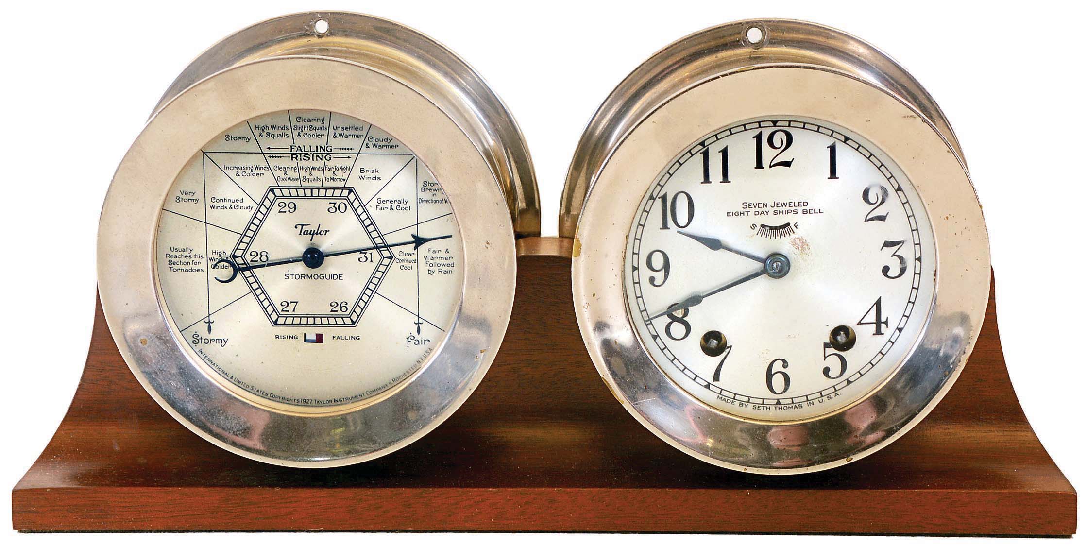 Clocks- 2 (Two) and a barometer: (1) Chelsea Clock Co., Boston, Mass., Quartz battery Ship strike ship's bell clock. c1997 (2) Seth Thomas Clock Co., Thomaston, Conn., 8 days, spring brass movement seven jeweled ship's bell clock in a heavy nickel plated brass case and a Taylor Storm guide aneroid barometer in a heavy nickel plated brass case. c1938 — Antique Clocks Price Guide
