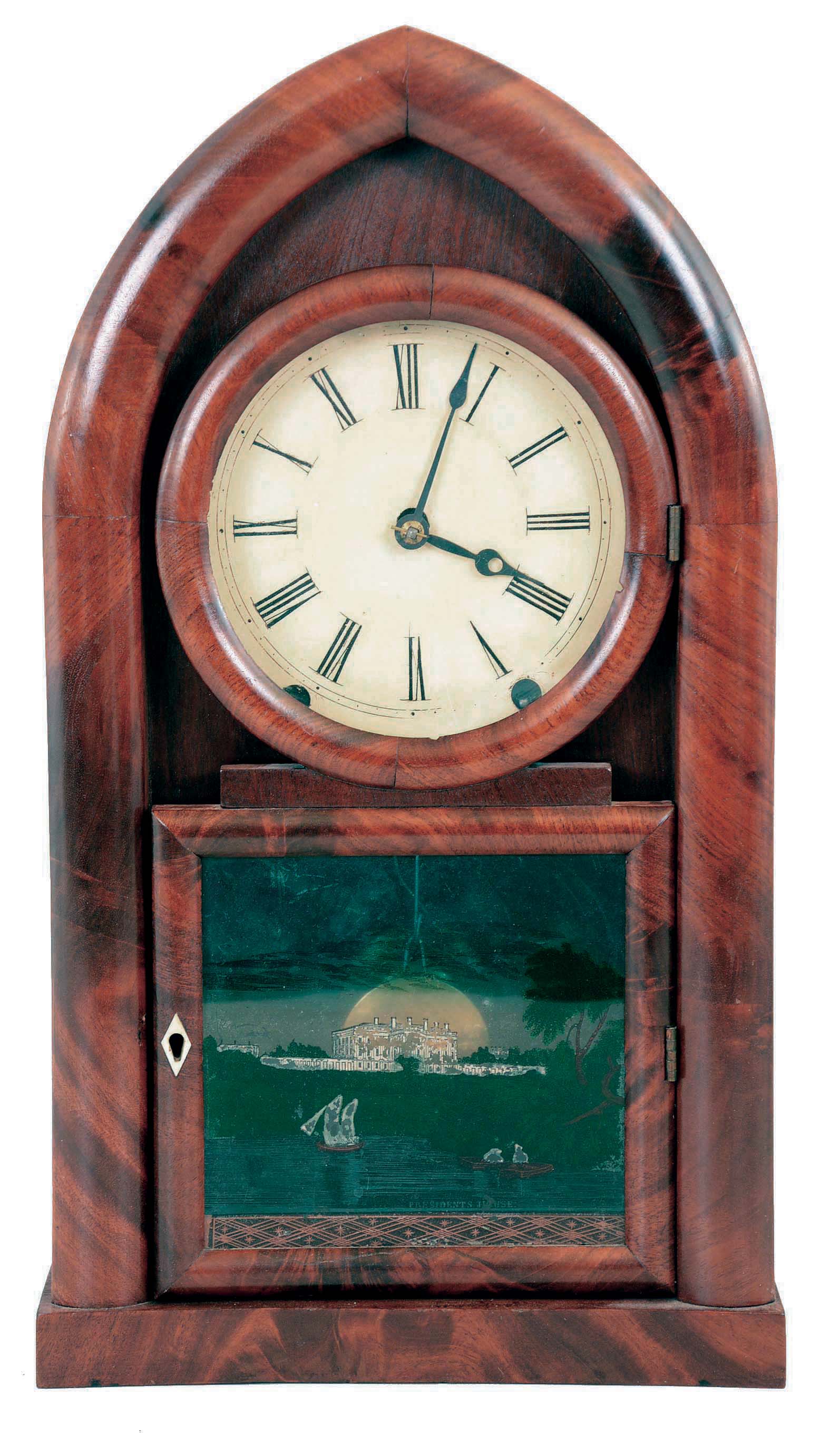 Brewster & Ingrahams, Bristol, Conn., 8 day, time and strike spring brass movement round Gothic or "beehive" shelf clock. — Antique Clocks Price Guide
