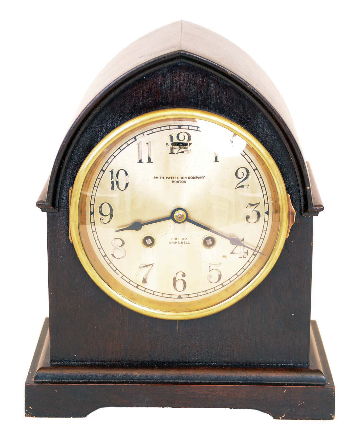 Chelsea Clock Co., Boston, Mass., for Smith, Patterson & Co., Boston, Mass., mahogany 8 day time and ship's bell mantel clock, #139710, — Antique Clocks Price Guide