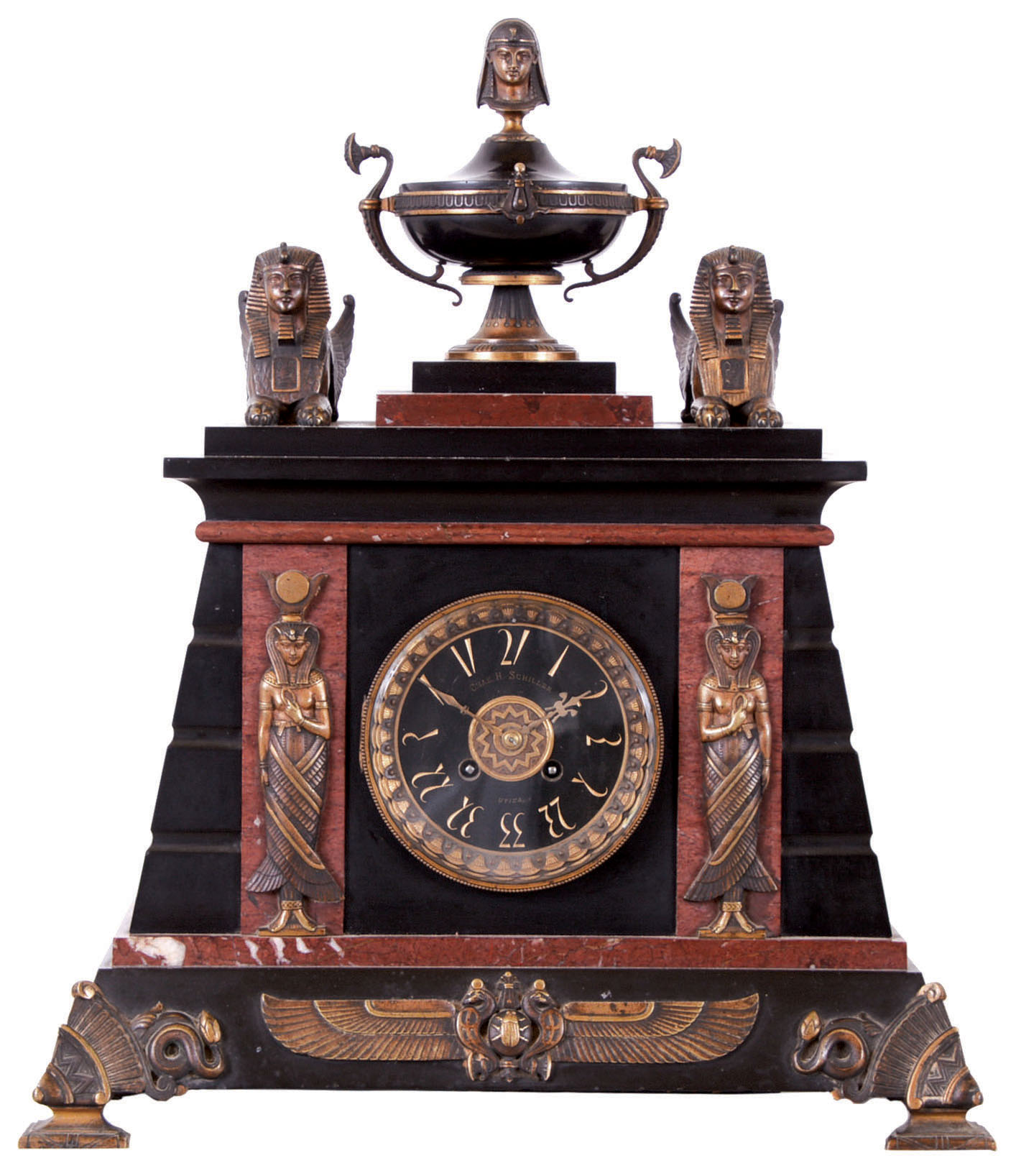 Feiver a Paris, France gilded brass architectural mantel clock, 8 days, time and bell strike, spring driven movement with silk thread suspension in a round case suspended above platform on four pad feet by four cast brass billars and surmounted by two doves. The white enamel dial is signed by maker. — Antique Clocks Price Guide