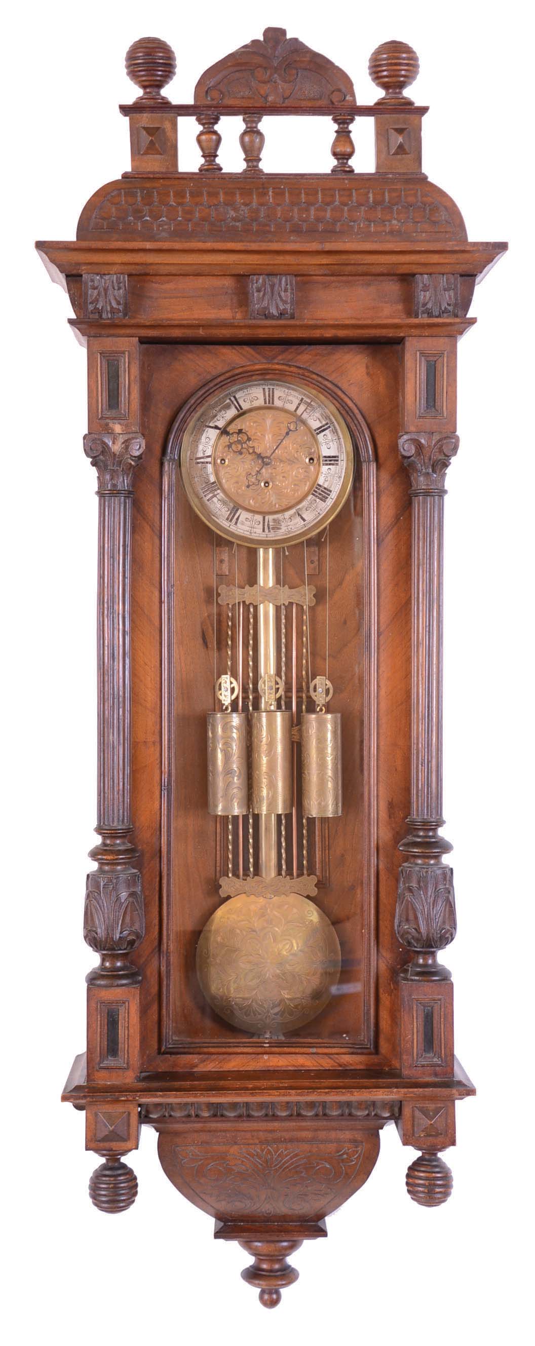 German 8 day 3 weight grand sonnerie walnut Vienna regulator wall clock, gridiron pendulum — Antique Clocks Price Guide