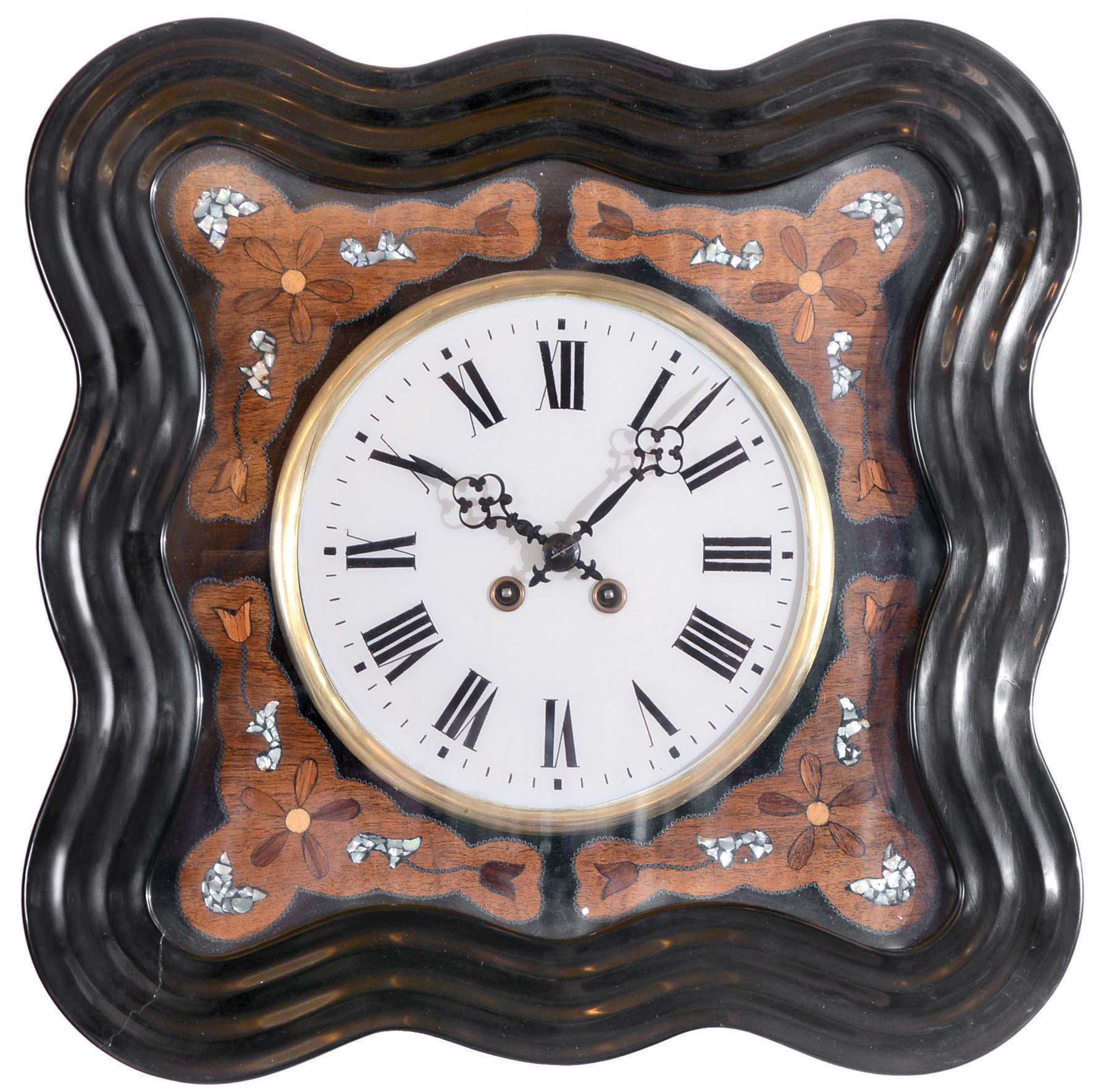 Clocks- 3 (Three) 8 day European wall clocks: 2 French Morbier 8 day time and strike bakery clocks, one with glass dial and square movement, the other has a wood dial with enamel cartouche numbers, and an older posted frame movement; German unsigned walnut 1 weight time only Vienna regulator. — Antique Clocks Price Guide